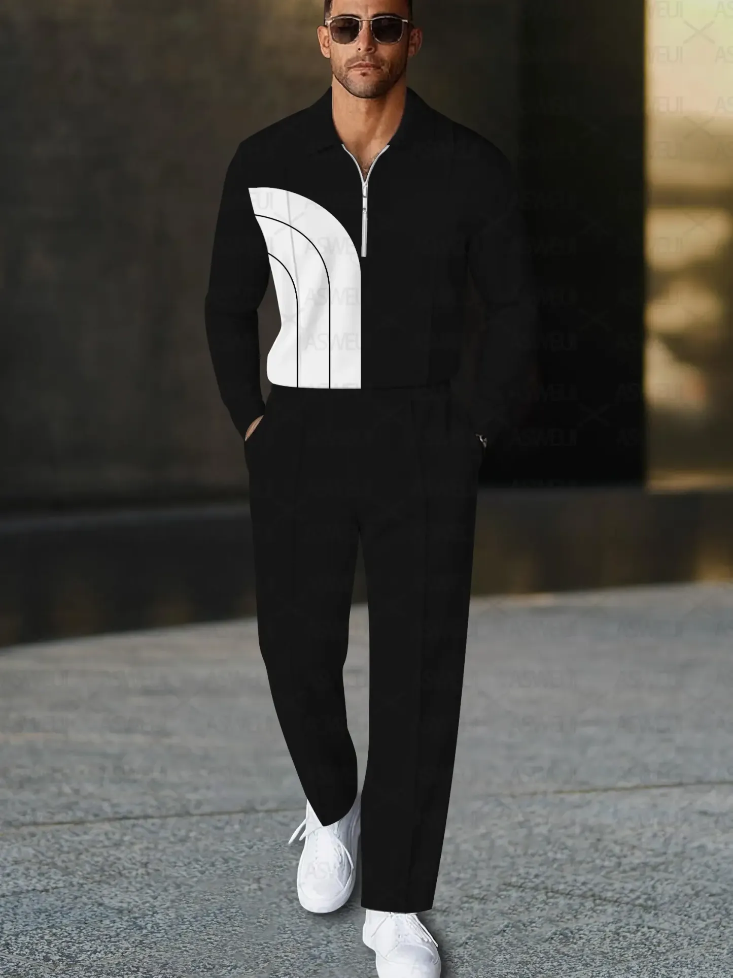 Men's fashion casual geometric print long sleeve zipper polo two-piece