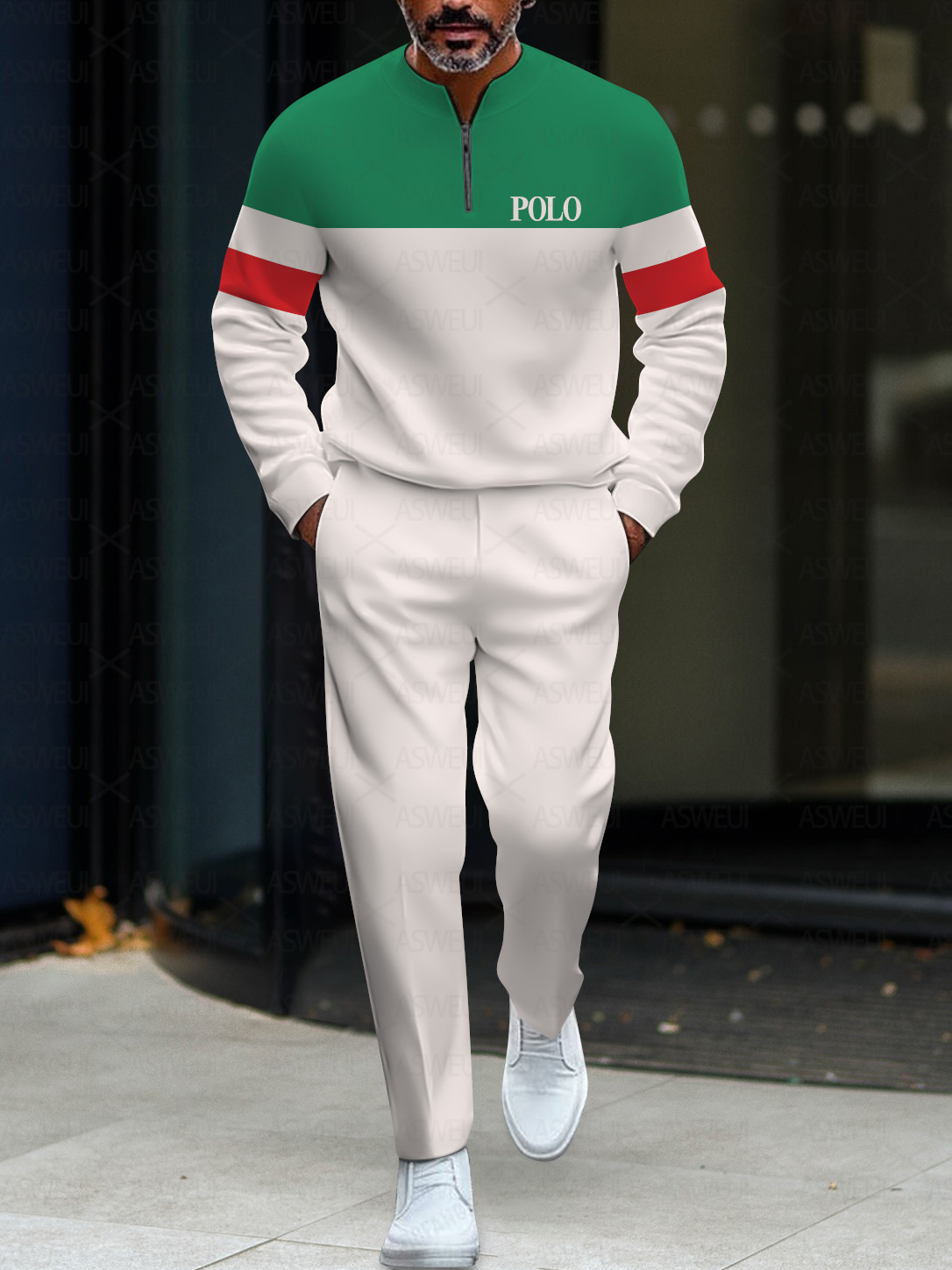 Men's fashion casual geometric print long sleeve zipper two-piece set