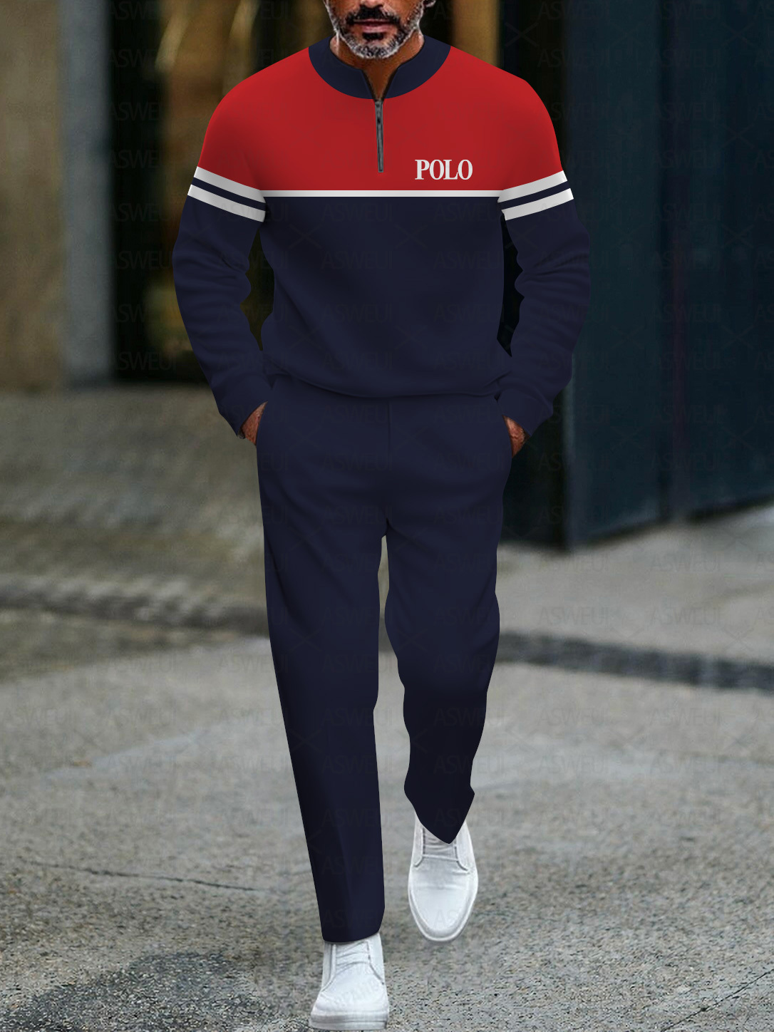 Men's fashionable casual business color-block round-neck zipper long-sleeve two-piece set