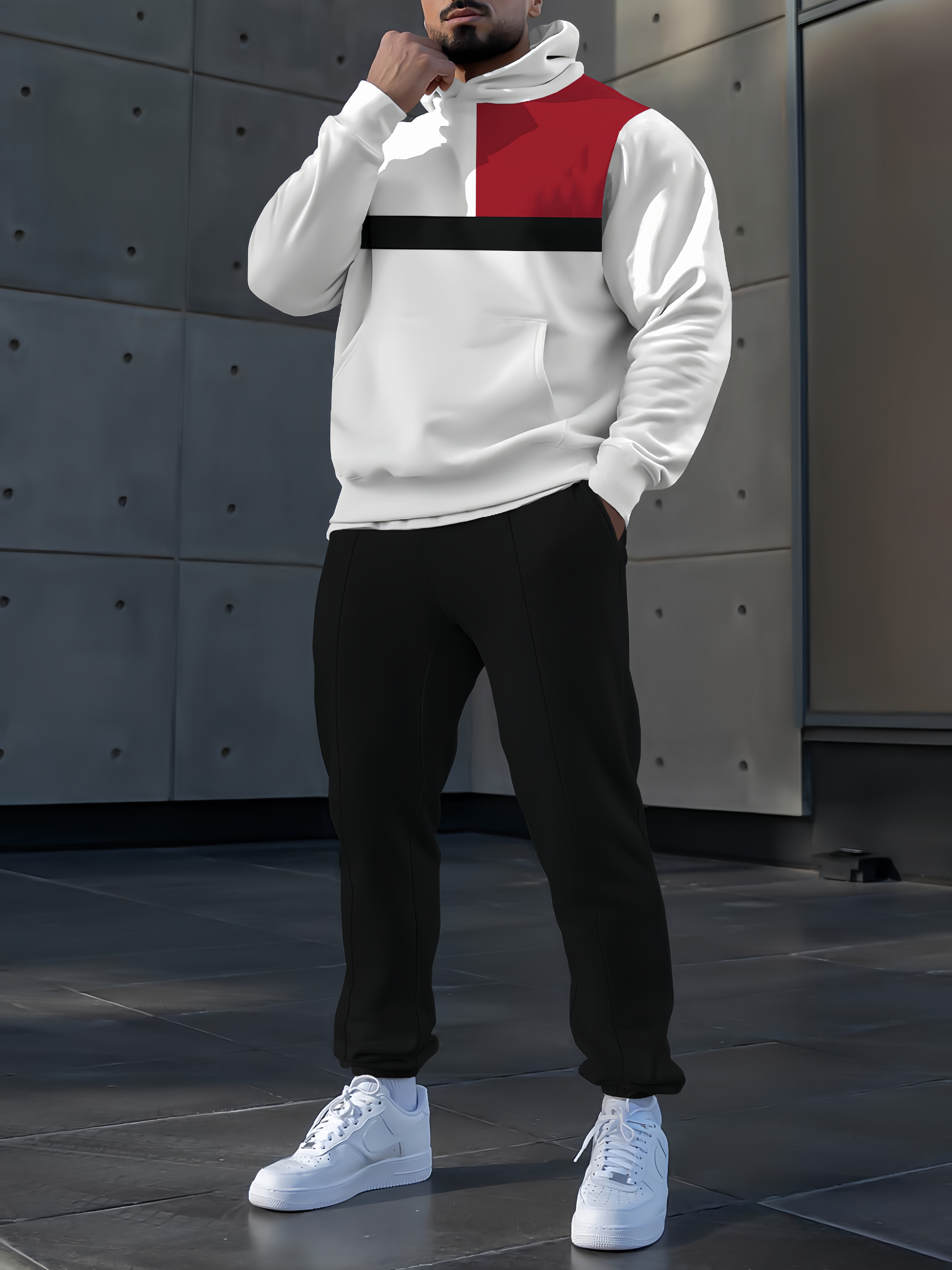 Men's fashion casual color match polo printed hoodie two-piece set