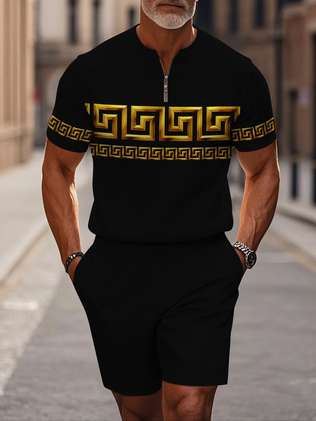 Men's fashion casual round-neck zipper geometric printed short-sleeved two-piece set