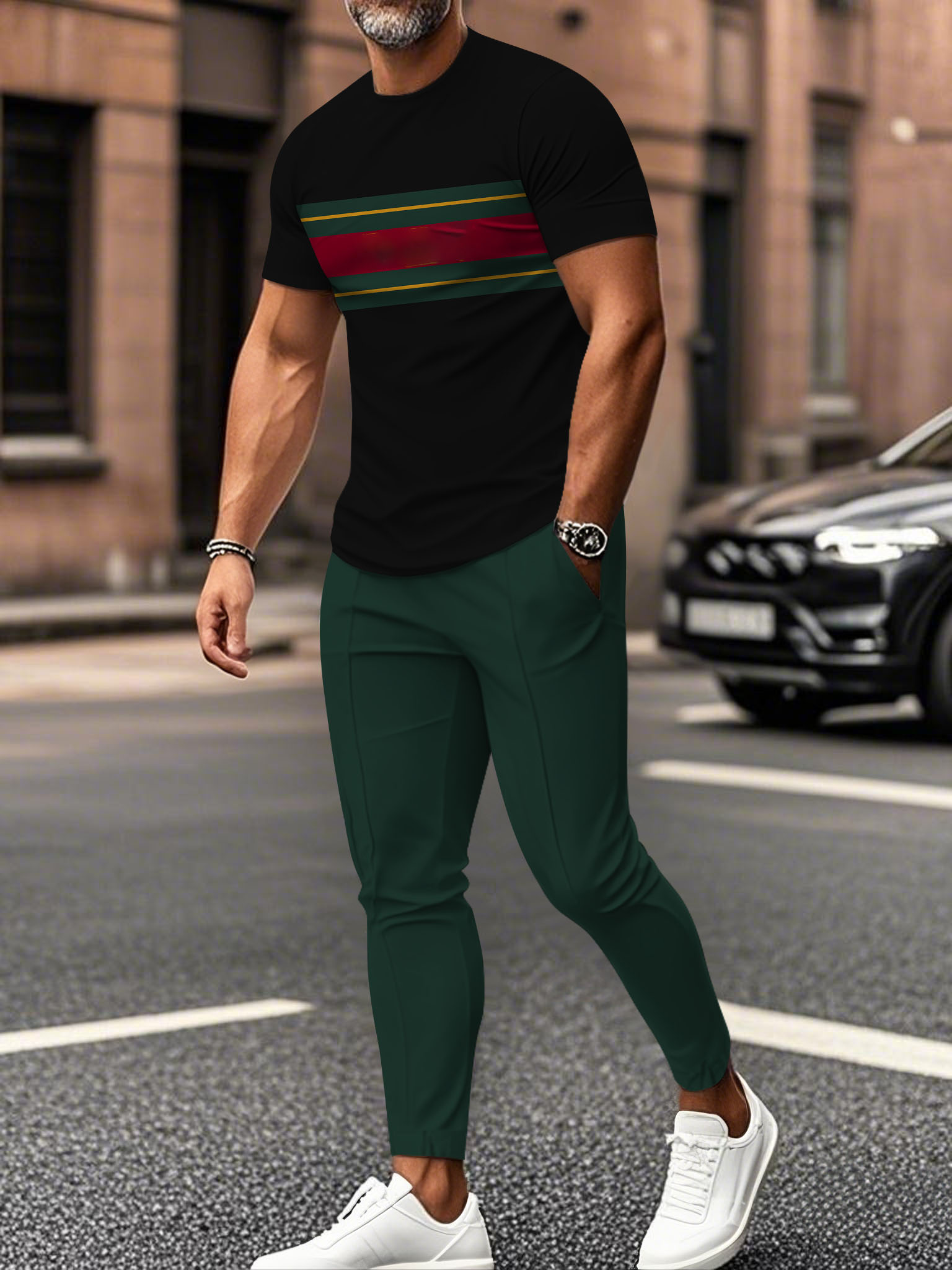 Men's fashion casual color matching striped printed short sleeved trousers two-piece set