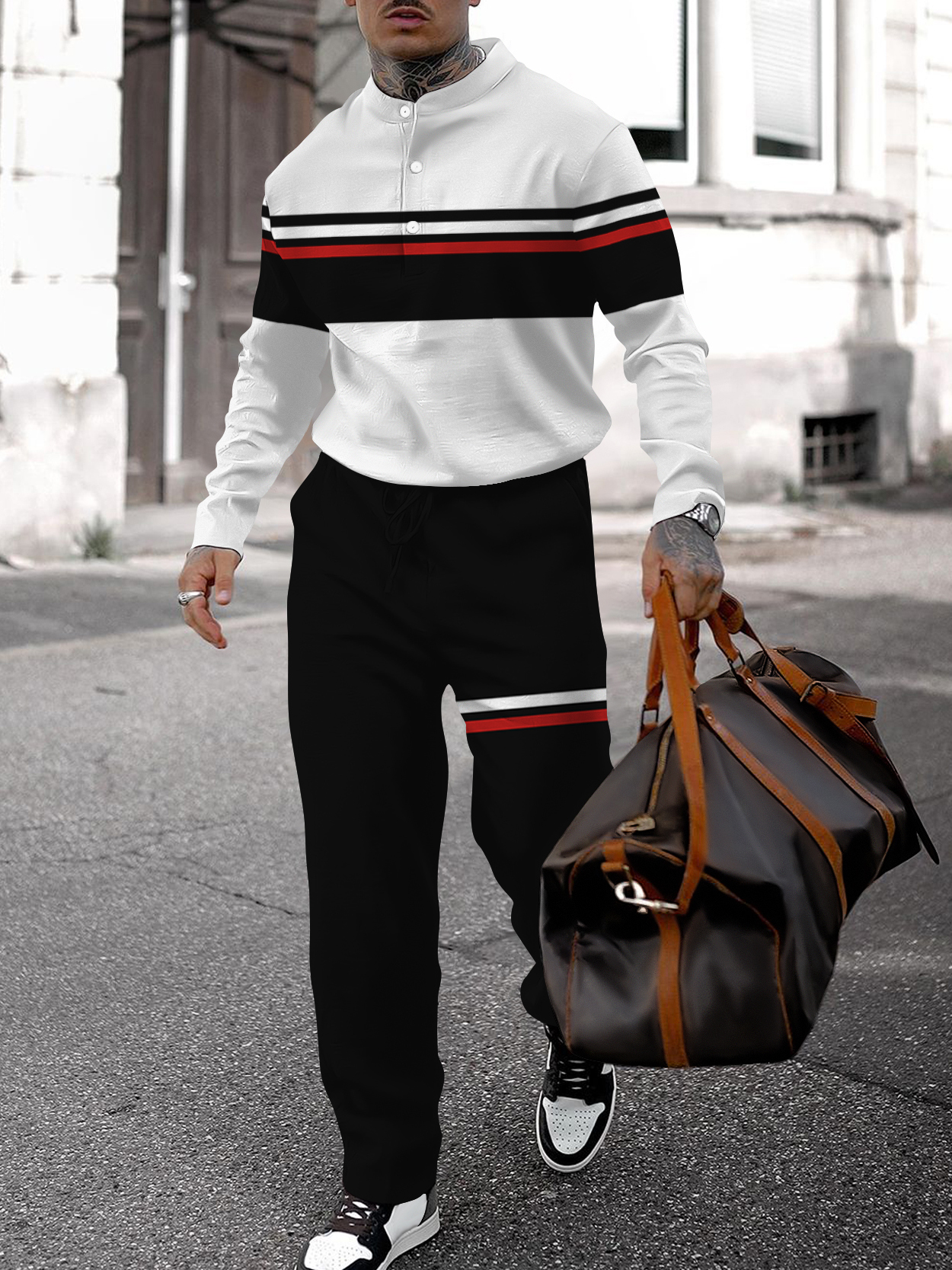 Men's fashion casual geometric print long sleeve two-piece set