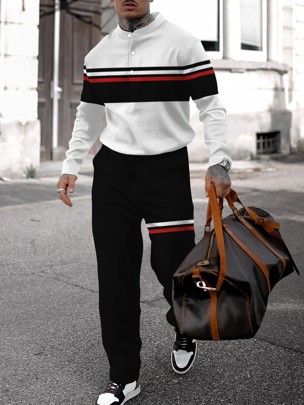 Men's fashion casual geometric print long sleeve two-piece set