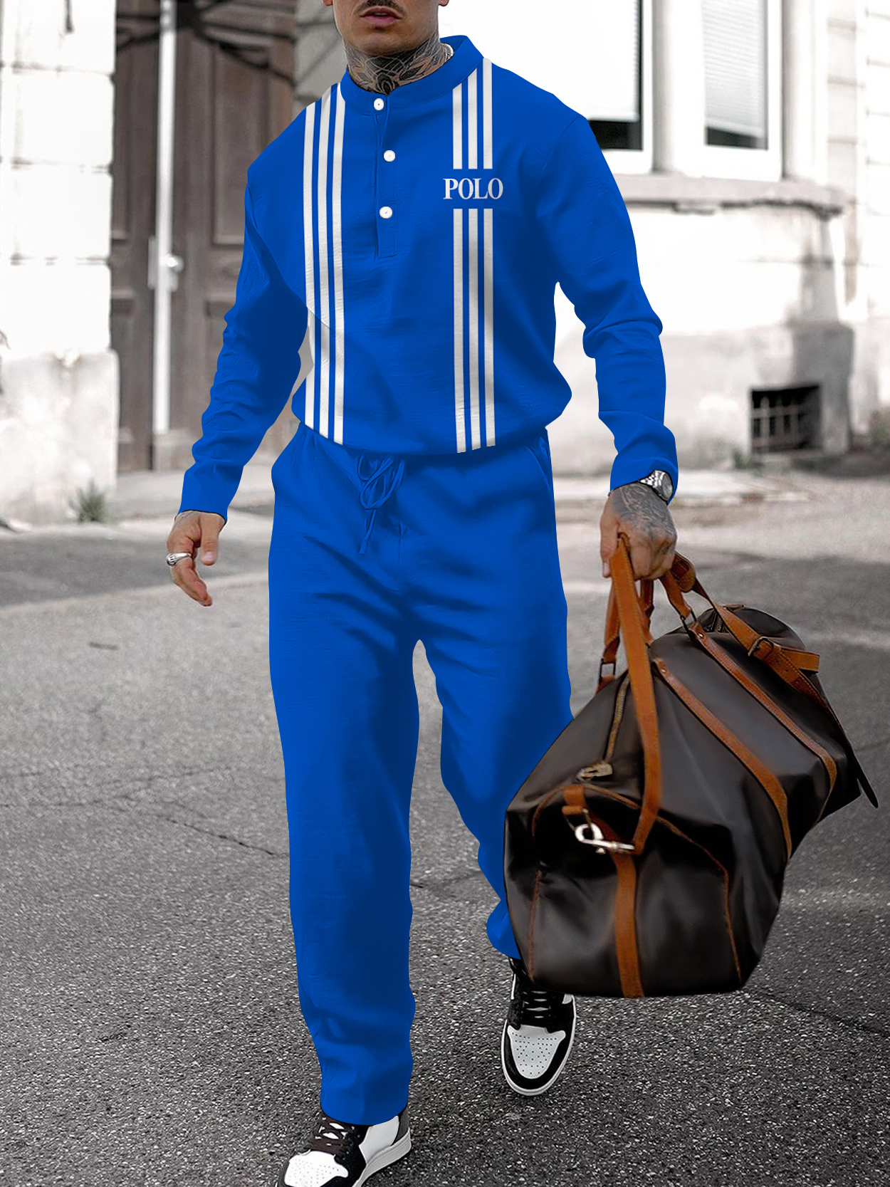 Men's fashion casual geometric print long sleeve two-piece set