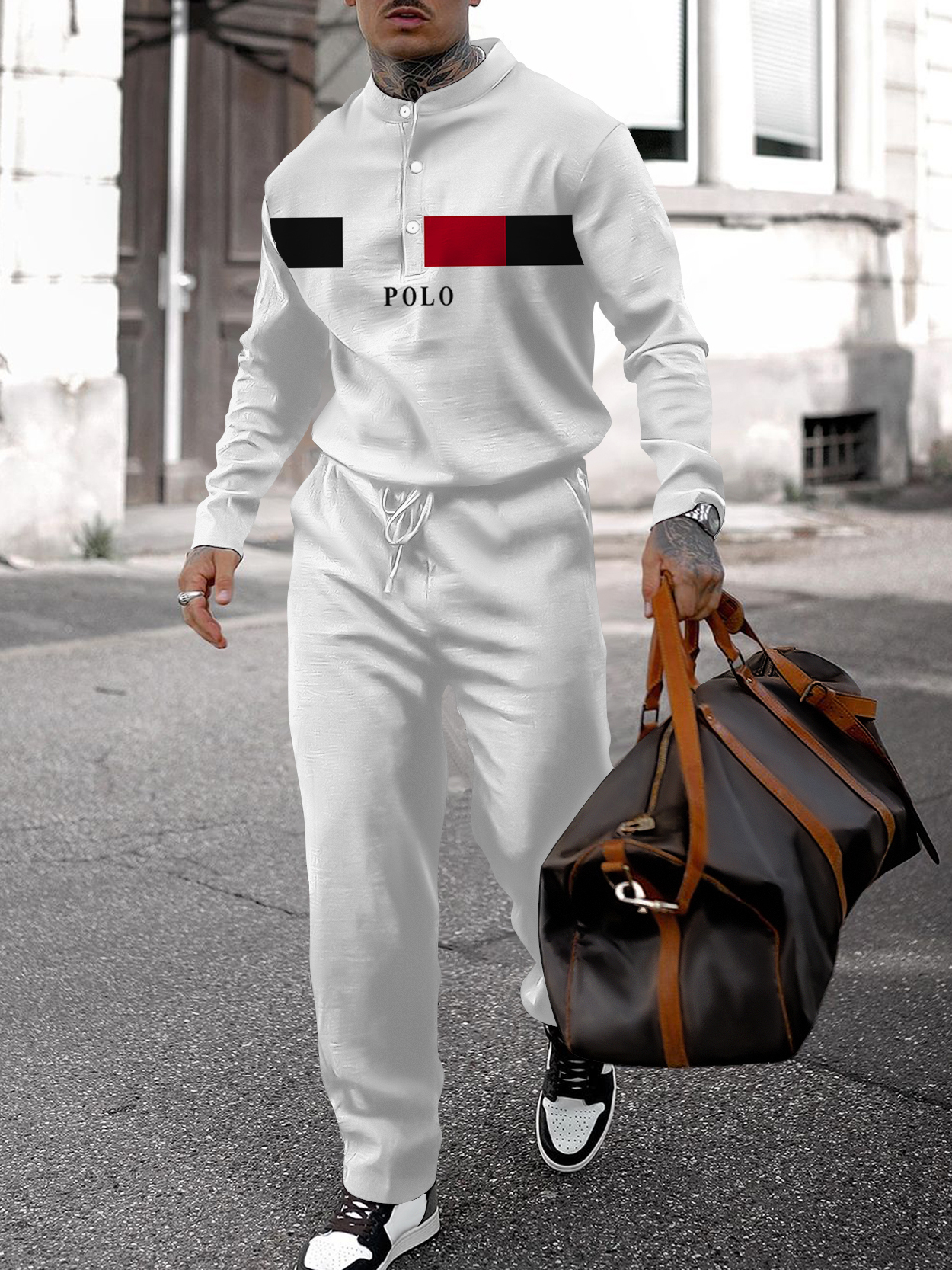 Men's fashion casual geometric print long sleeve two-piece set