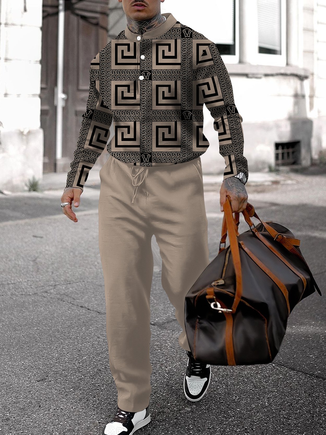 Men's fashion casual geometric print long sleeve two-piece set