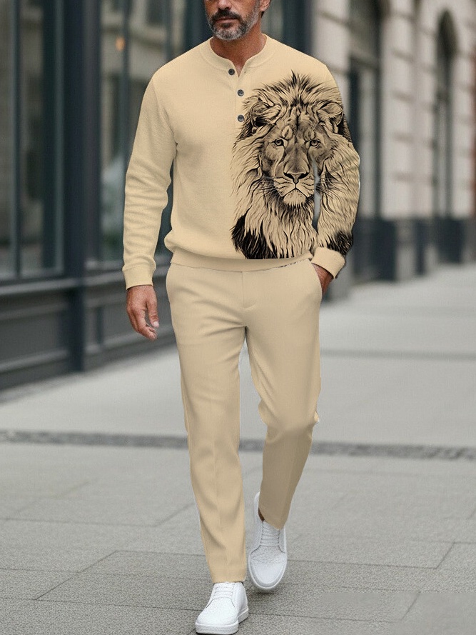 Men's fashion casual geometric print long sleeve zipper two-piece set