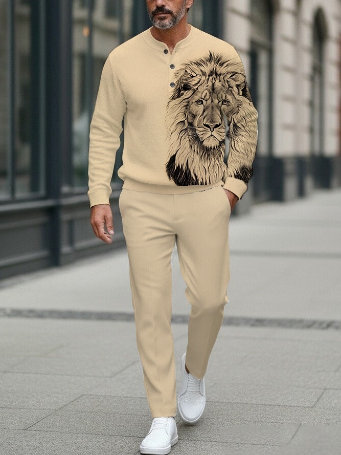 Men's fashion casual geometric print long sleeve zipper two-piece set