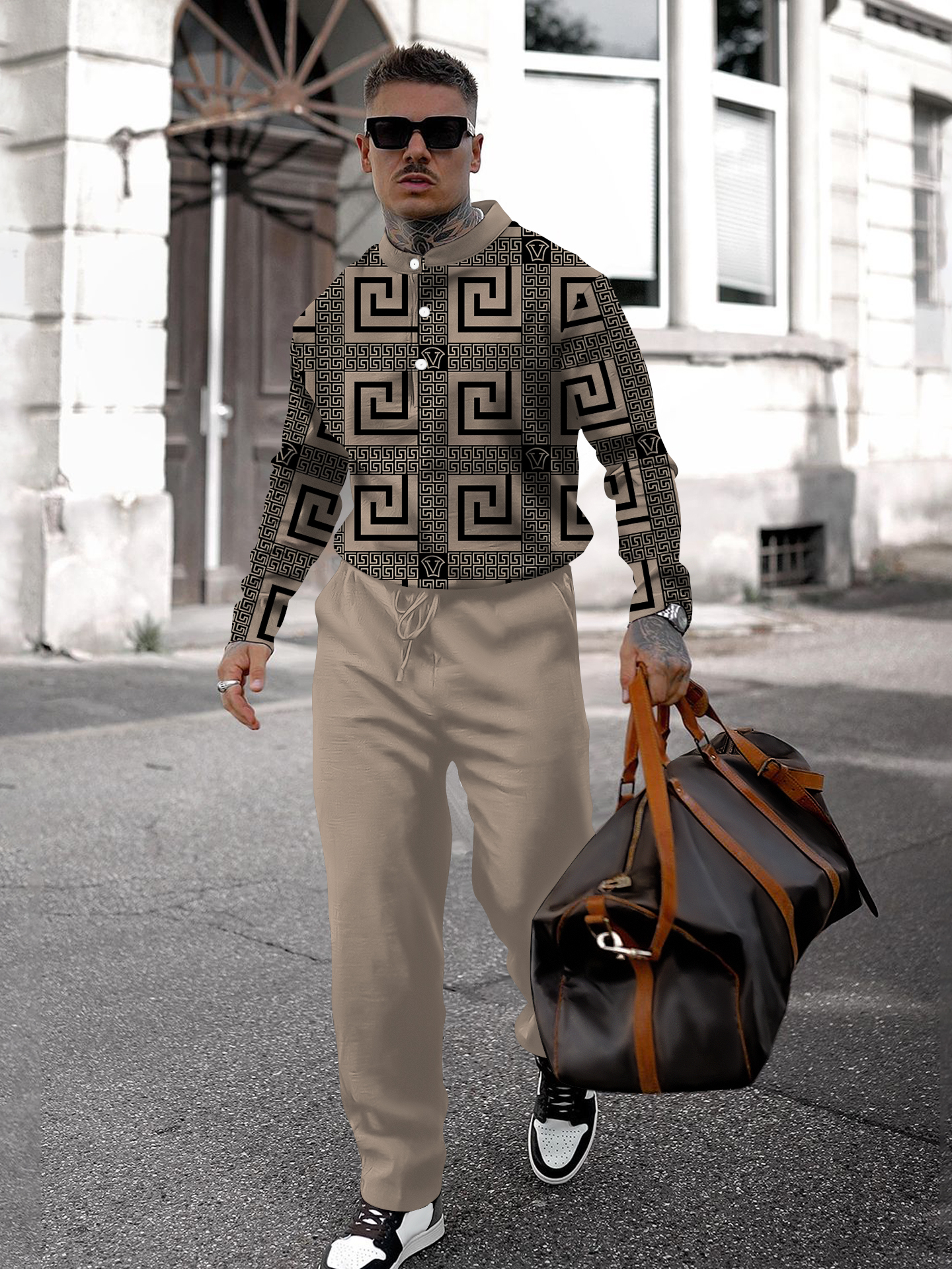 Men's fashion casual geometric print long sleeve two-piece set