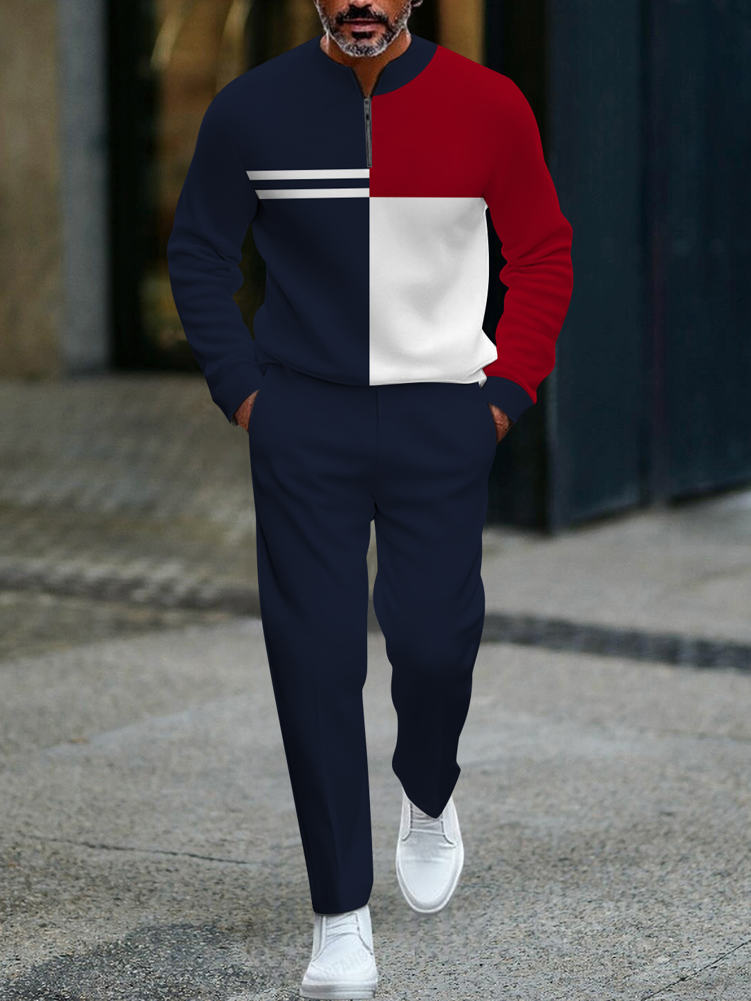 Men's fashion casual geometric print long sleeve zipper two-piece set