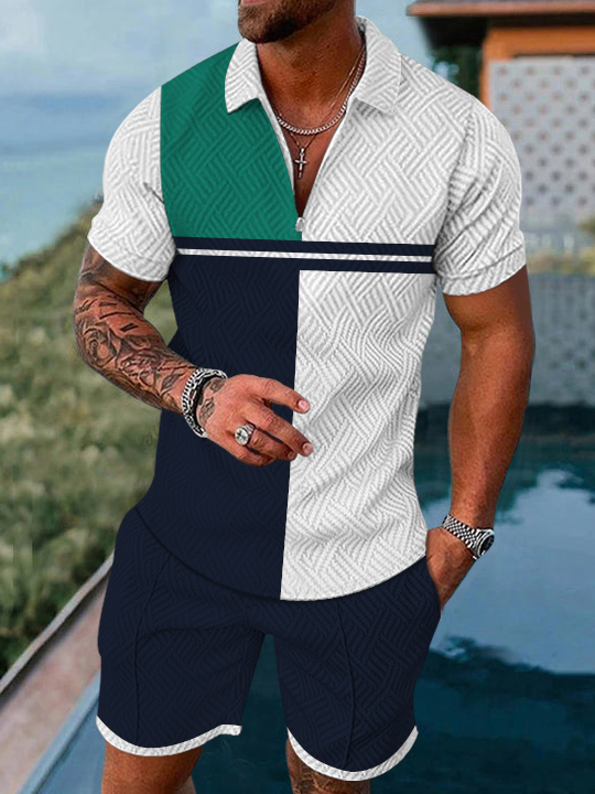 Men's fashion casual geometric print short sleeve polo two-piece set