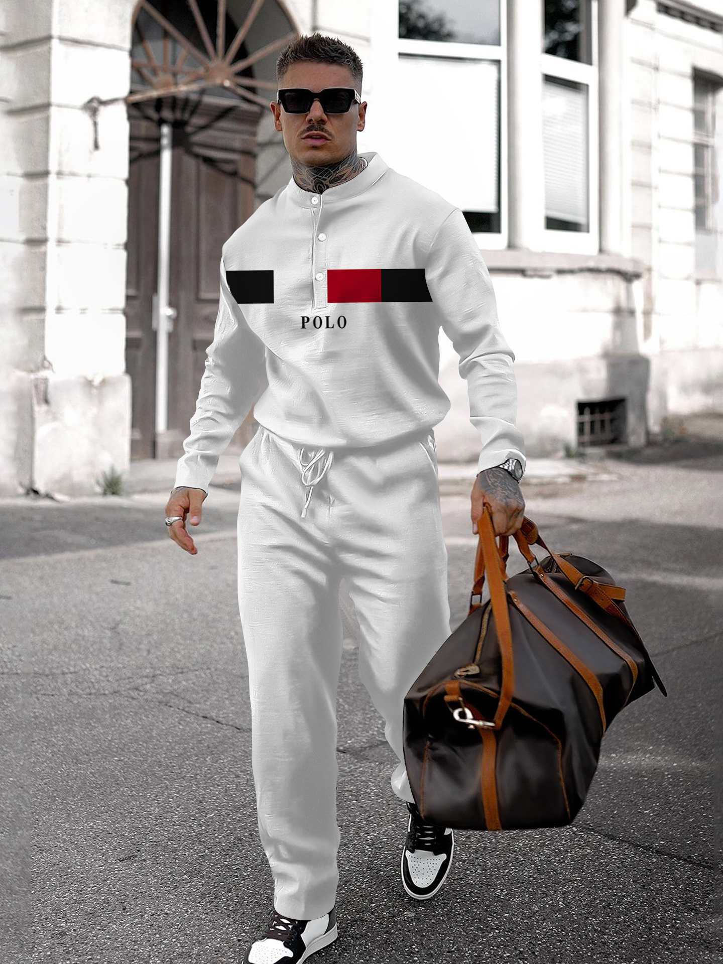 Men's fashion casual geometric print long sleeve two-piece set