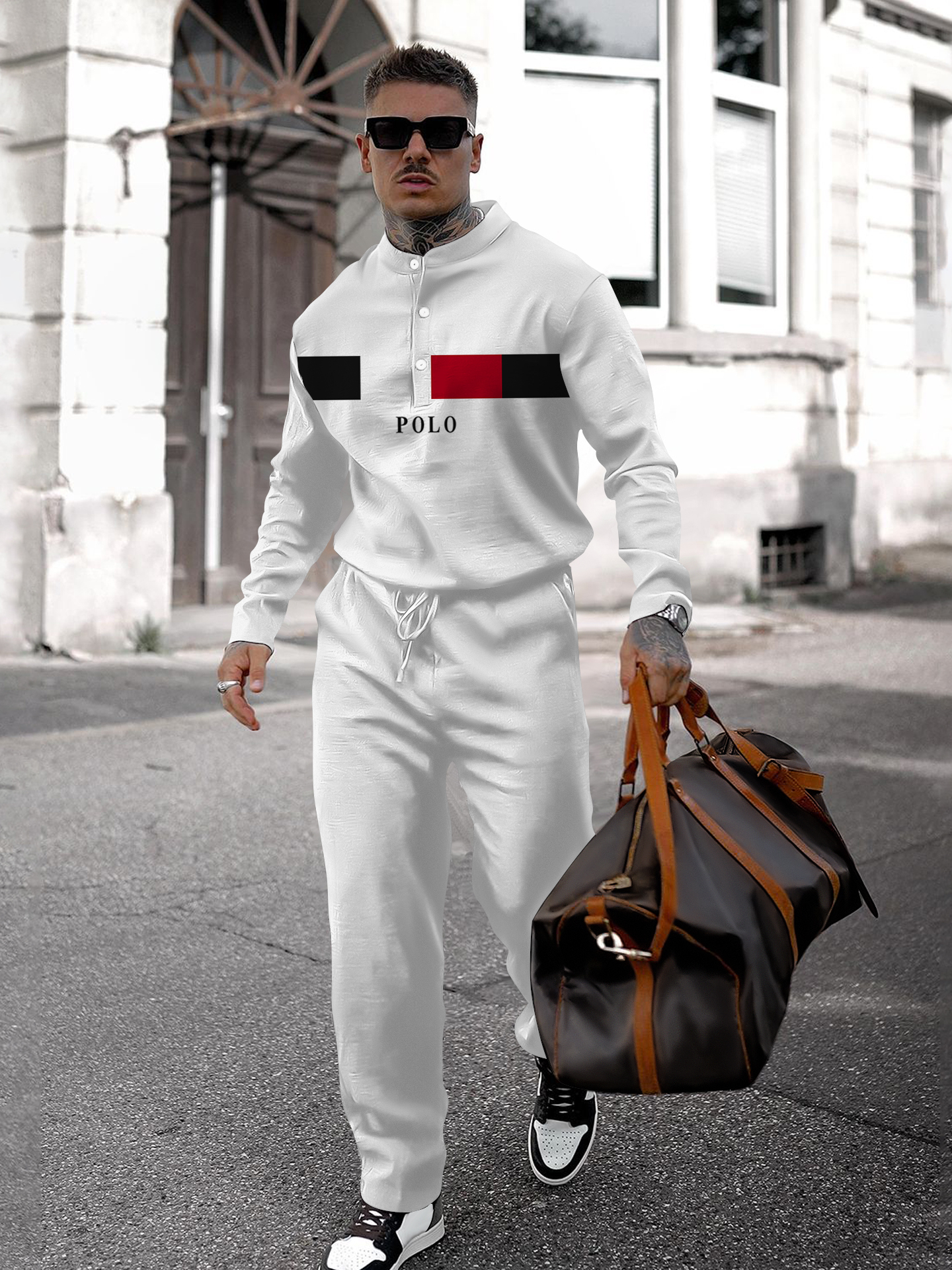 Men's fashion casual geometric print long sleeve two-piece set