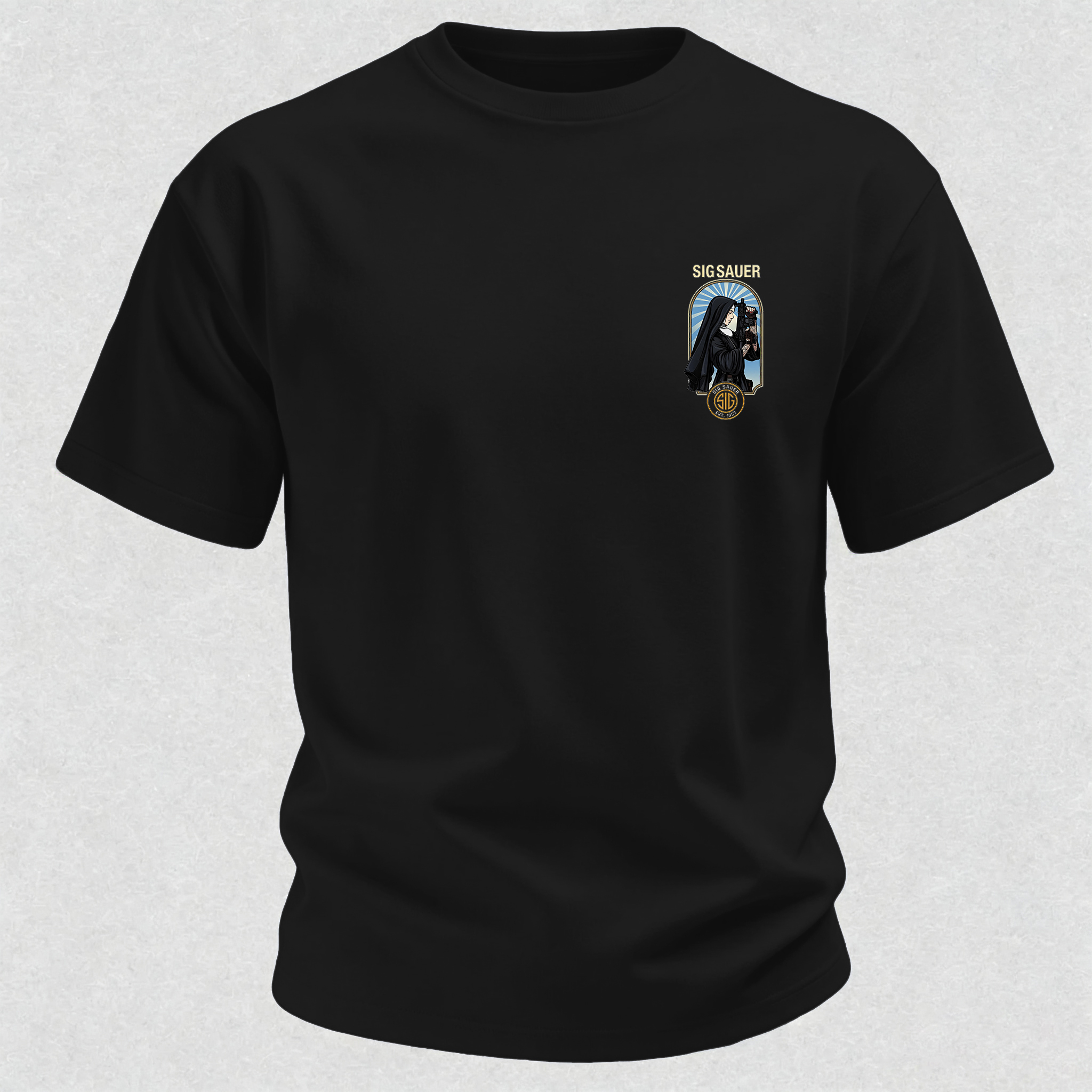 Precision Tactical Arch Window Nun with Rifle Since 1853 Vintage Illustration Cotton Print Men's T-Shirt