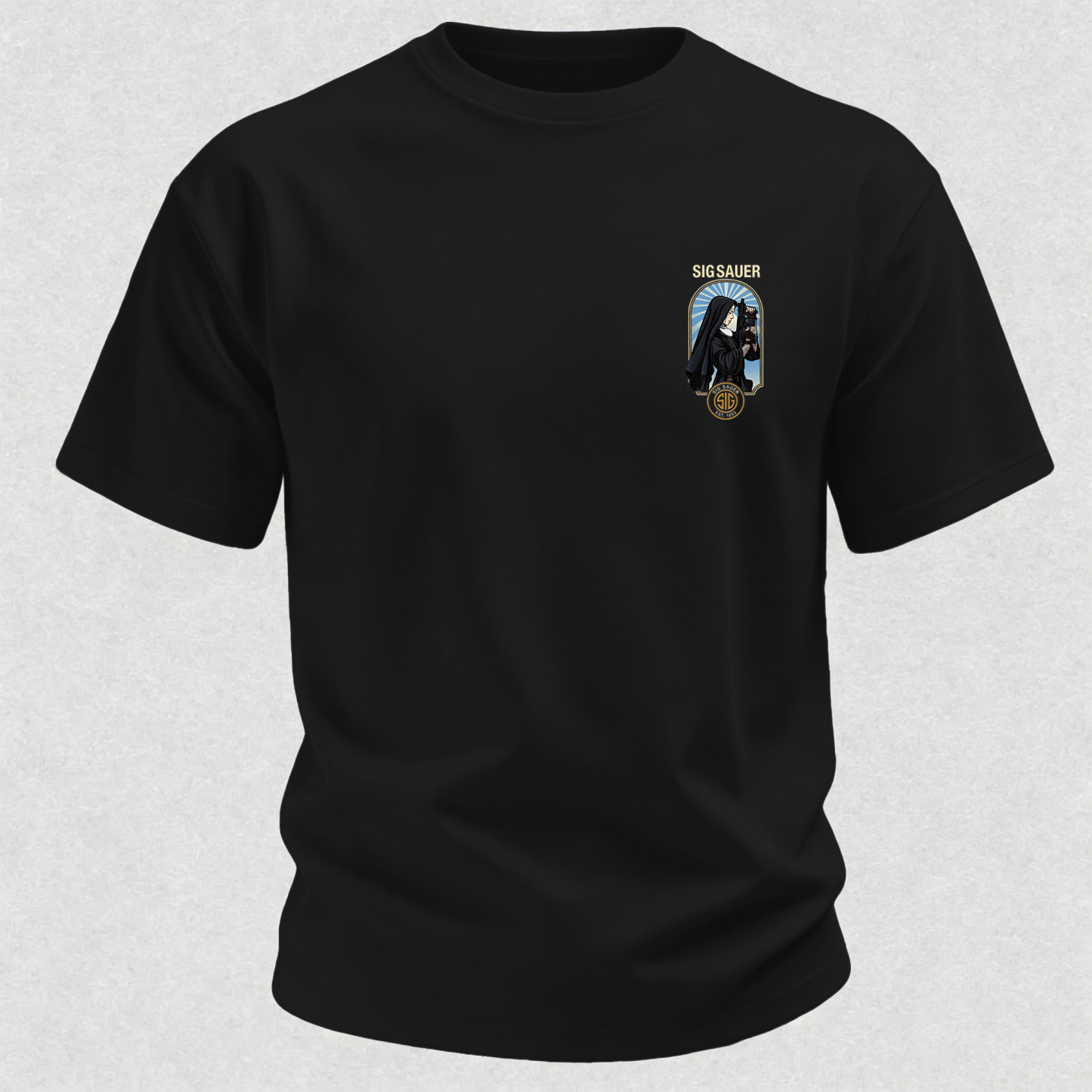Precision Tactical Arch Window Nun with Rifle Since 1853 Vintage Illustration Cotton Print Men's T-Shirt