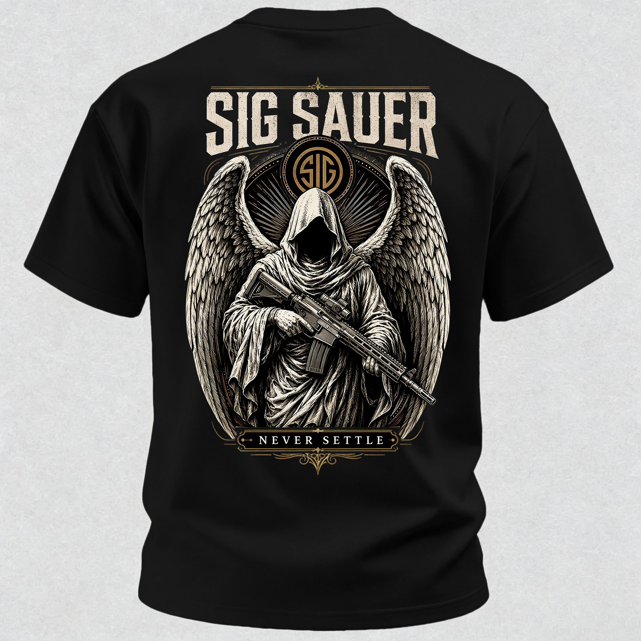Tactical Angel Winged Grim Reaper with Rifle Dark Gothic Streetwear Men's Pocket T-Shirt