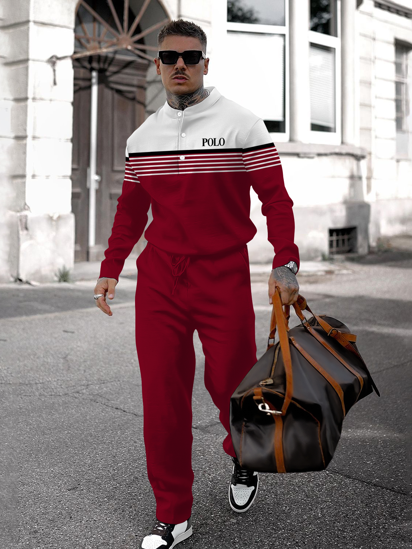 Men's fashion casual geometric print long sleeve two-piece set