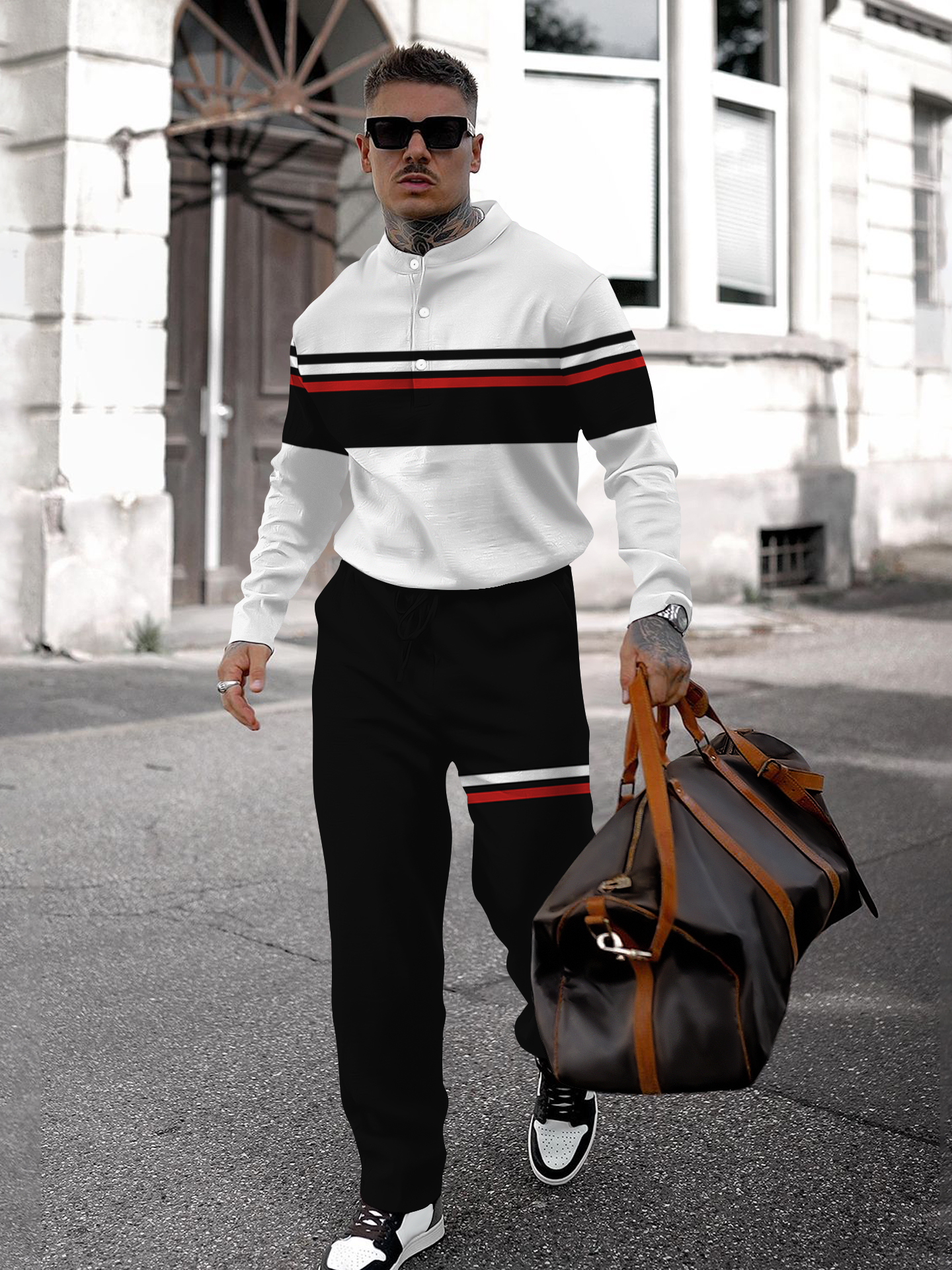 Men's fashion casual geometric print long sleeve two-piece set