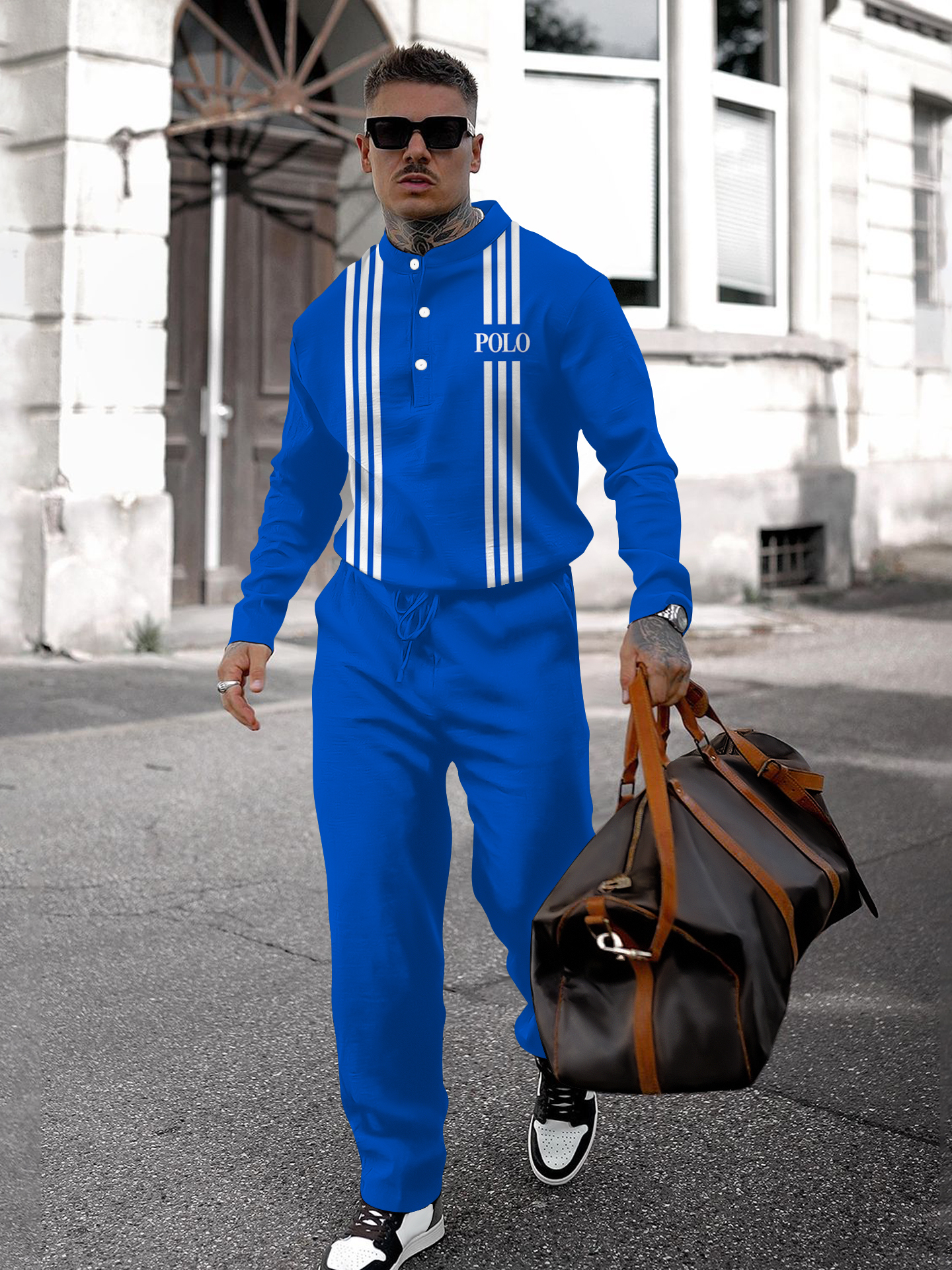 Men's fashion casual geometric print long sleeve two-piece set