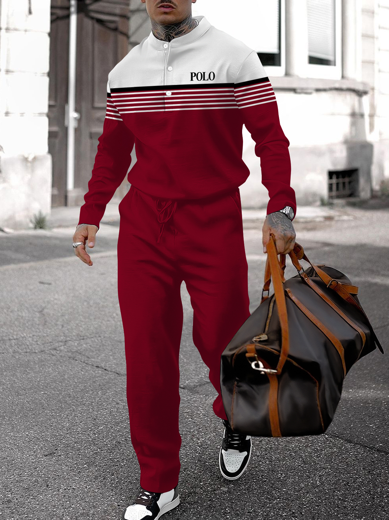 Men's fashion casual geometric print long sleeve two-piece set