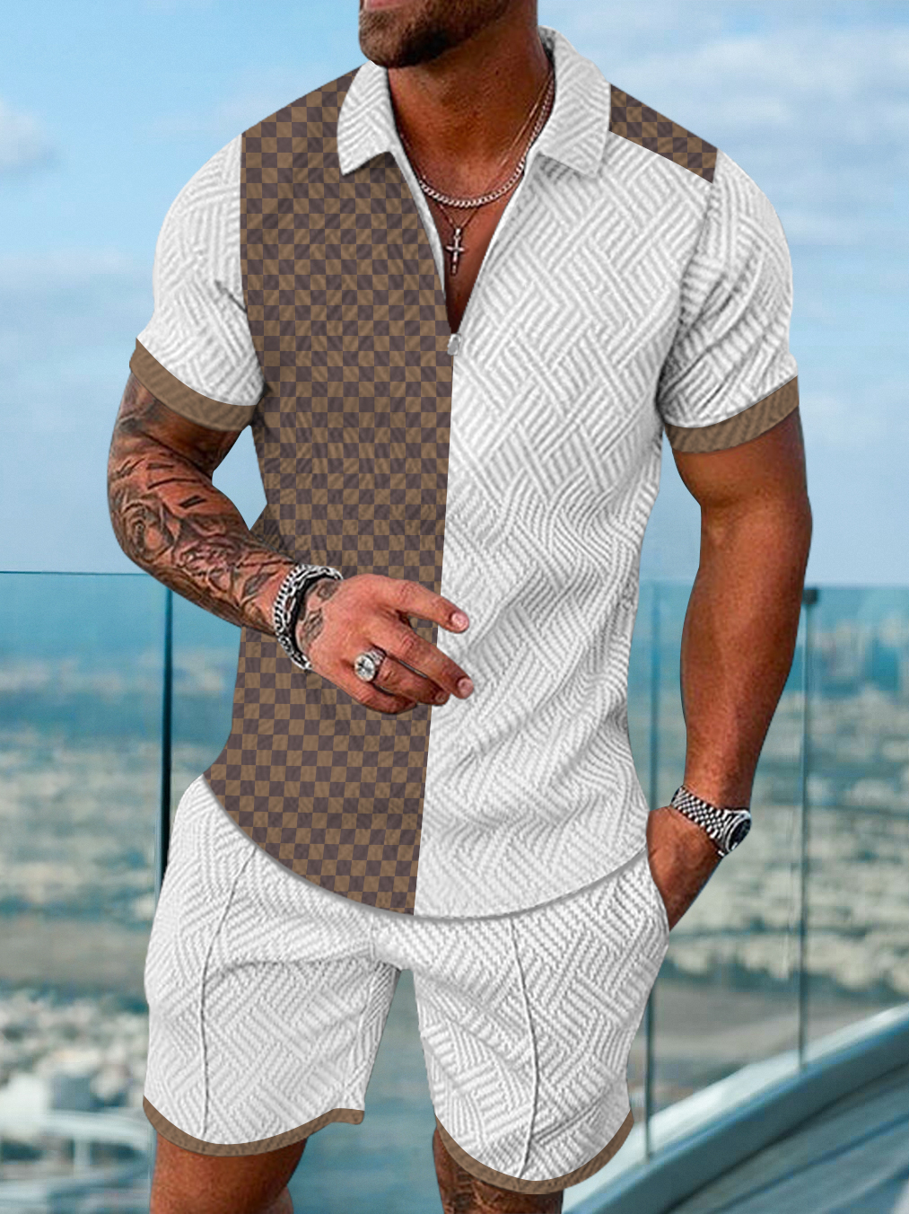 Men's fashion casual color matching printed short-sleeved polo suit