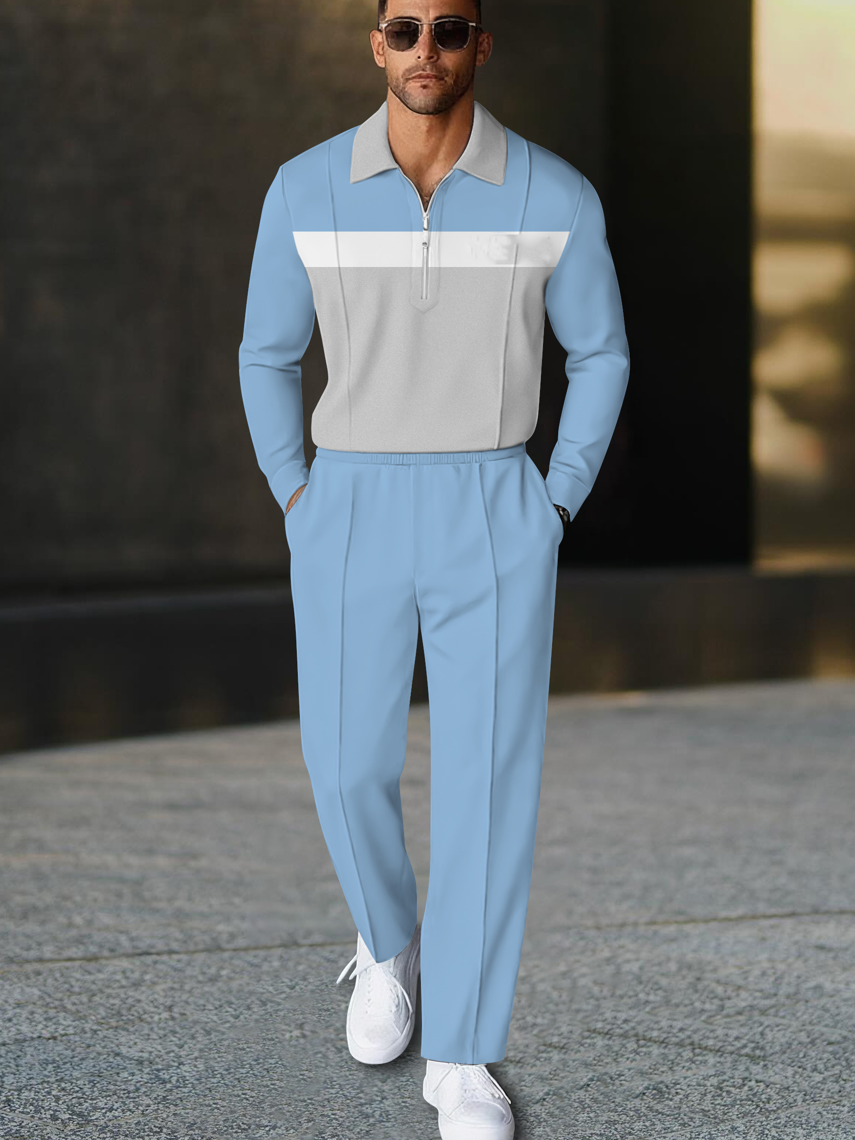 Men's fashion casual geometric print long sleeve zipper polo two-piece set