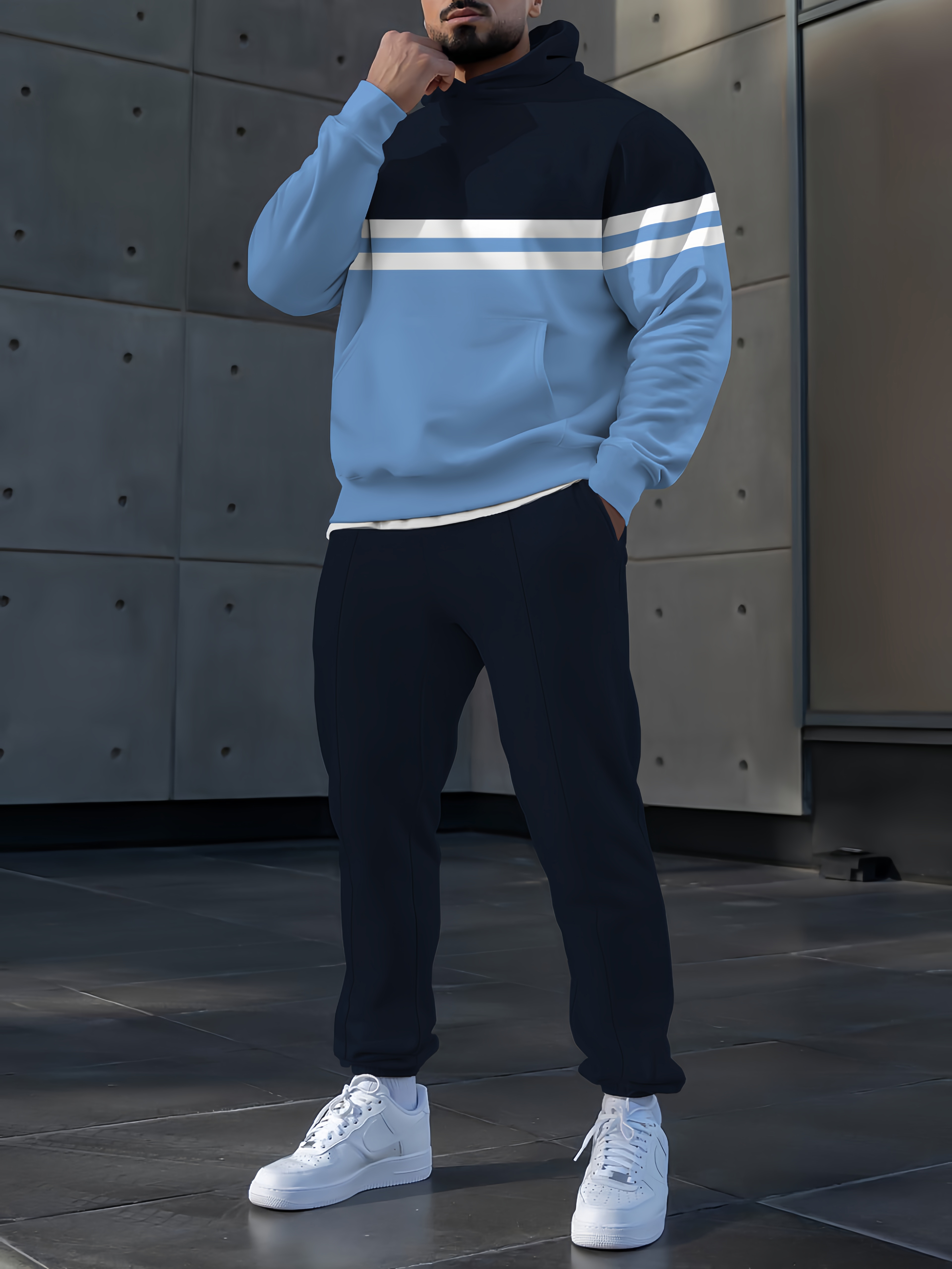 Men's fashion casual color matching striped print long sleeve two piec