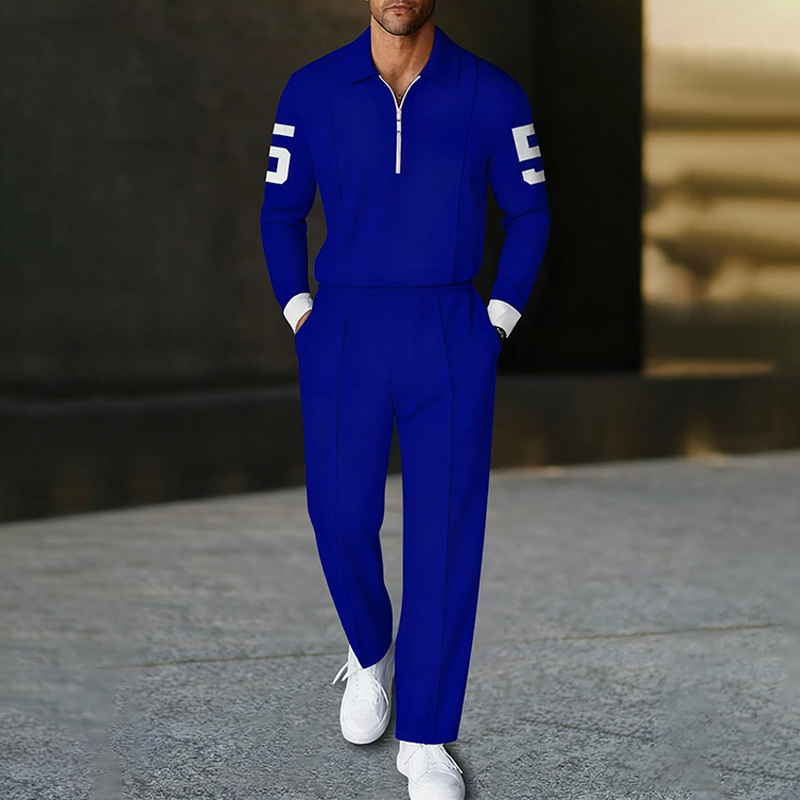 Men's fashion casual geometric print long sleeve zipper polo two-piece set