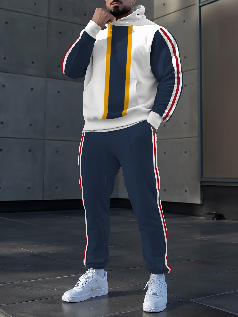 Men's fashion casual color match polo printed hoodie two-piece set