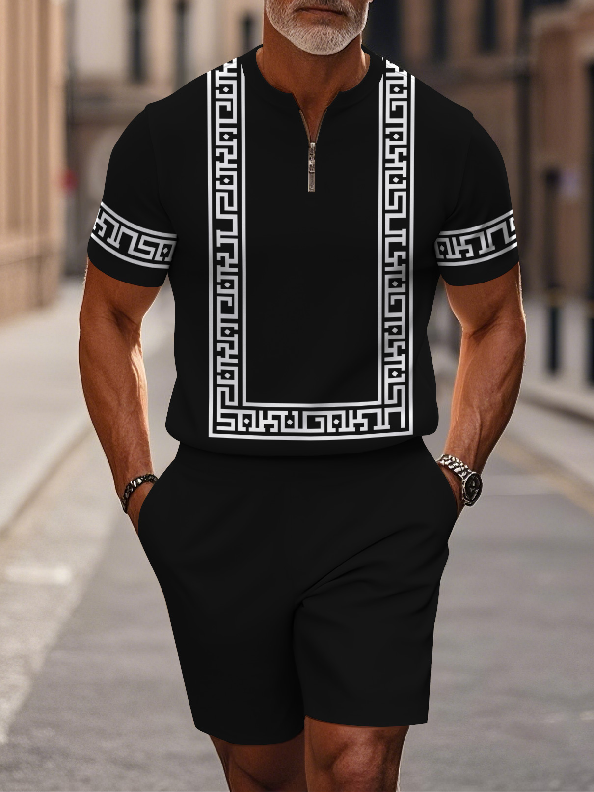 Men's fashion casual round-neck zipper geometric printed short-sleeved two-piece set