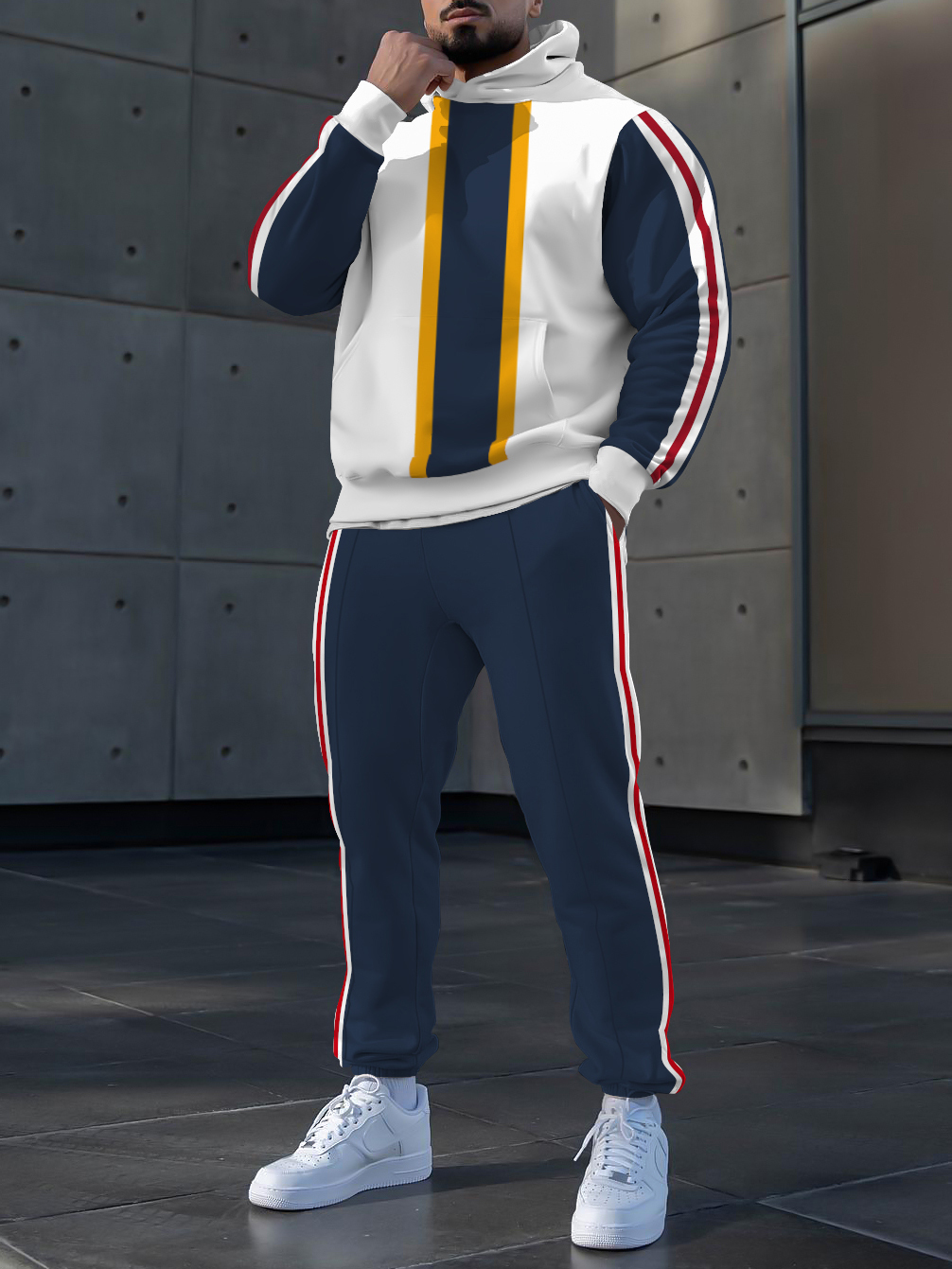 Men's fashion casual color match polo printed hoodie two-piece set