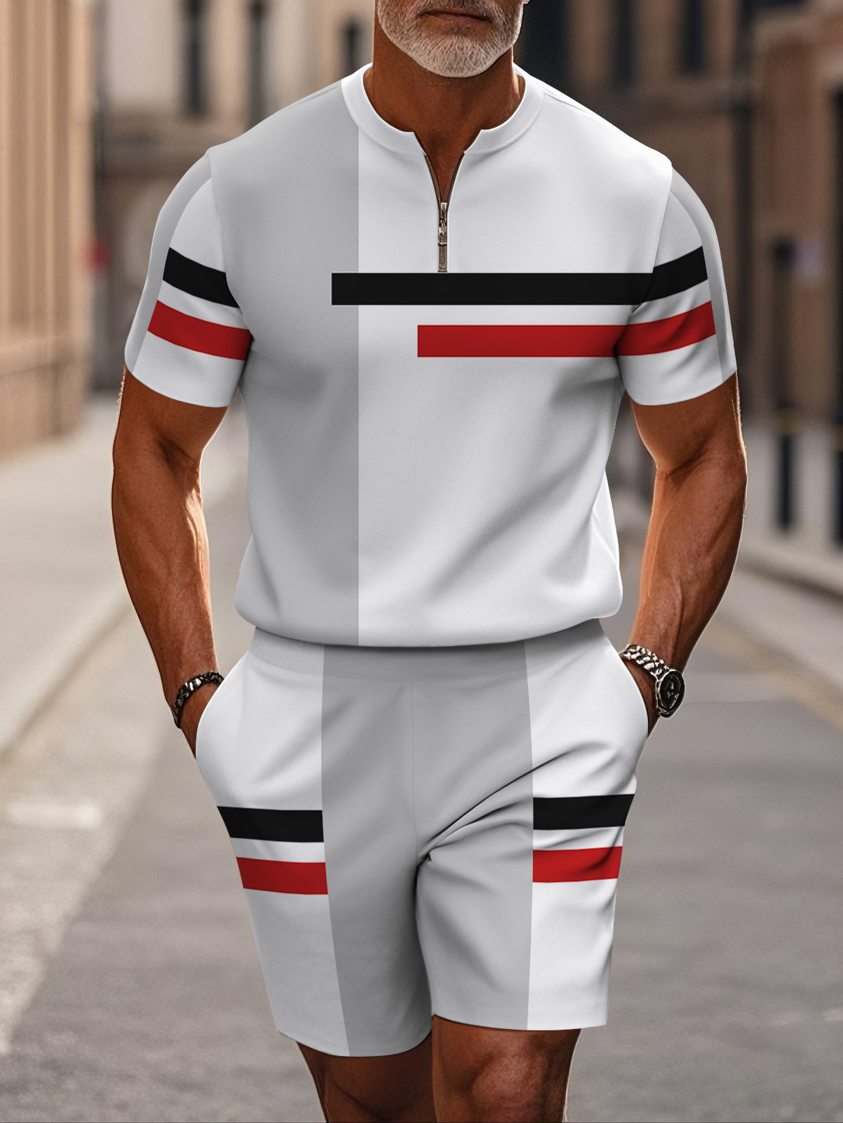 Men's fashion casual round-neck zipper geometric printed short-sleeved two-piece set