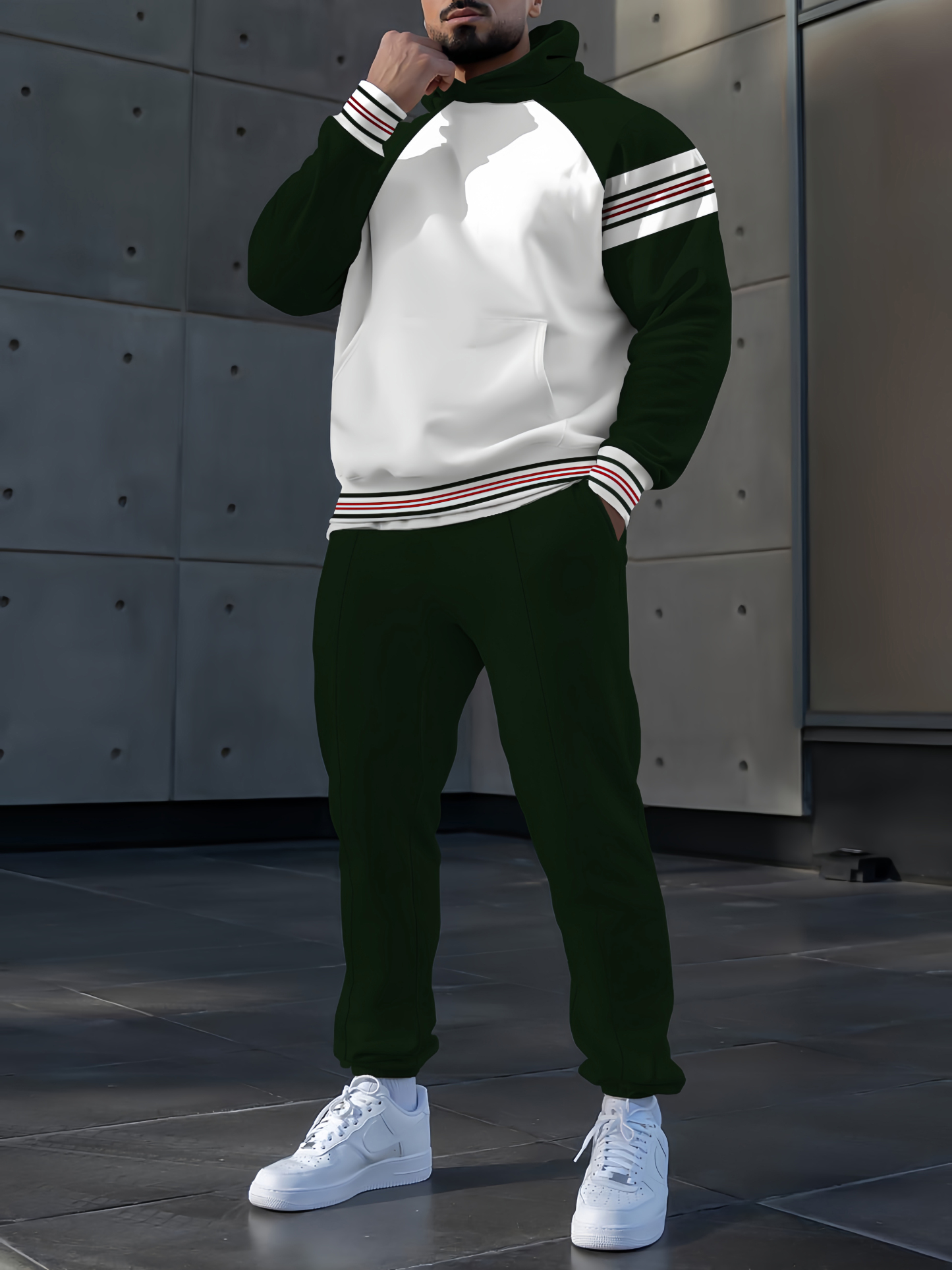 Men's fashion casual color matching polo printed hoodie two-piece set