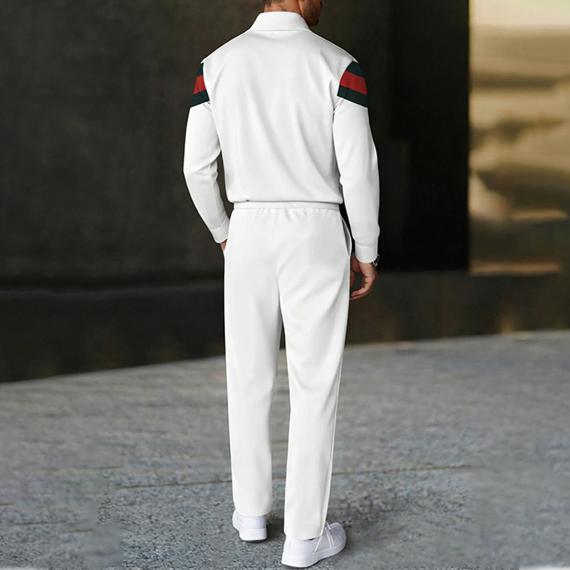 Men's fashion casual geometric print long sleeve zipper polo two-piece set