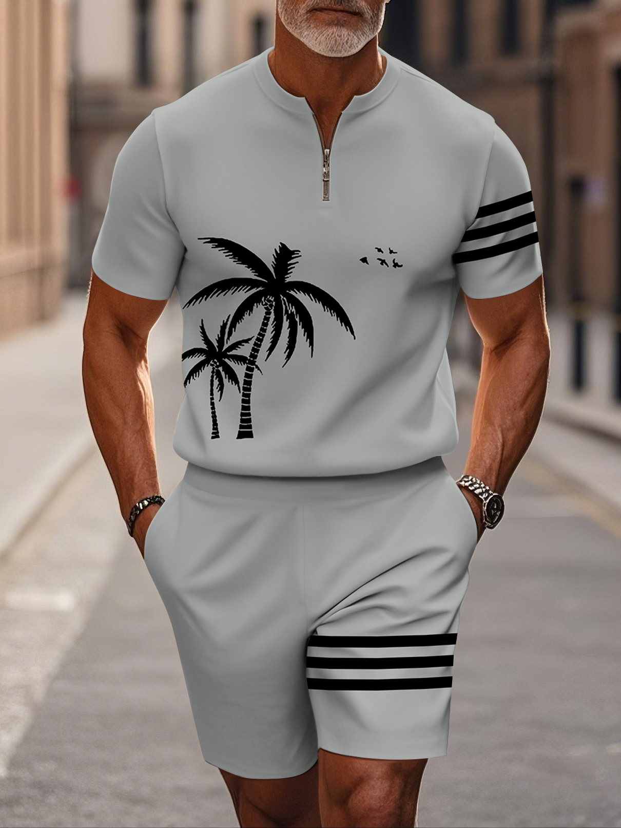 Men's fashion casual round-neck zipper geometric printed short-sleeved two-piece set