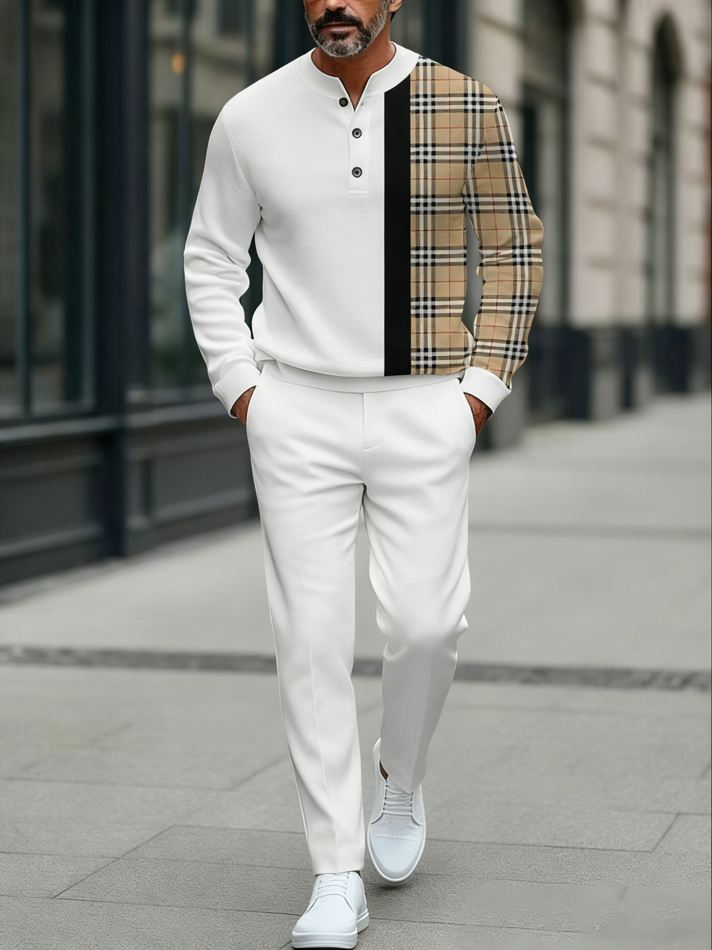 Men's fashion casual geometric print long sleeve zipper two-piece set