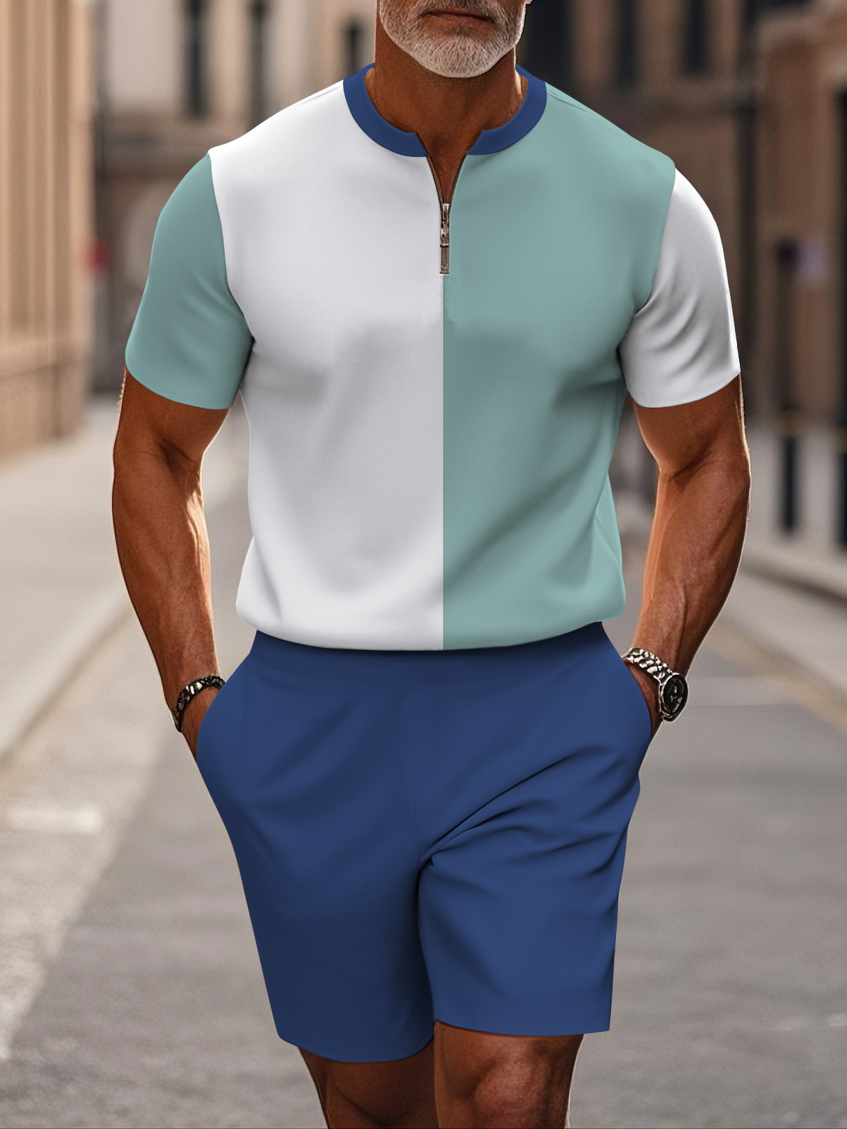 Men's fashion casual round-neck zipper geometric printed short-sleeved two-piece set