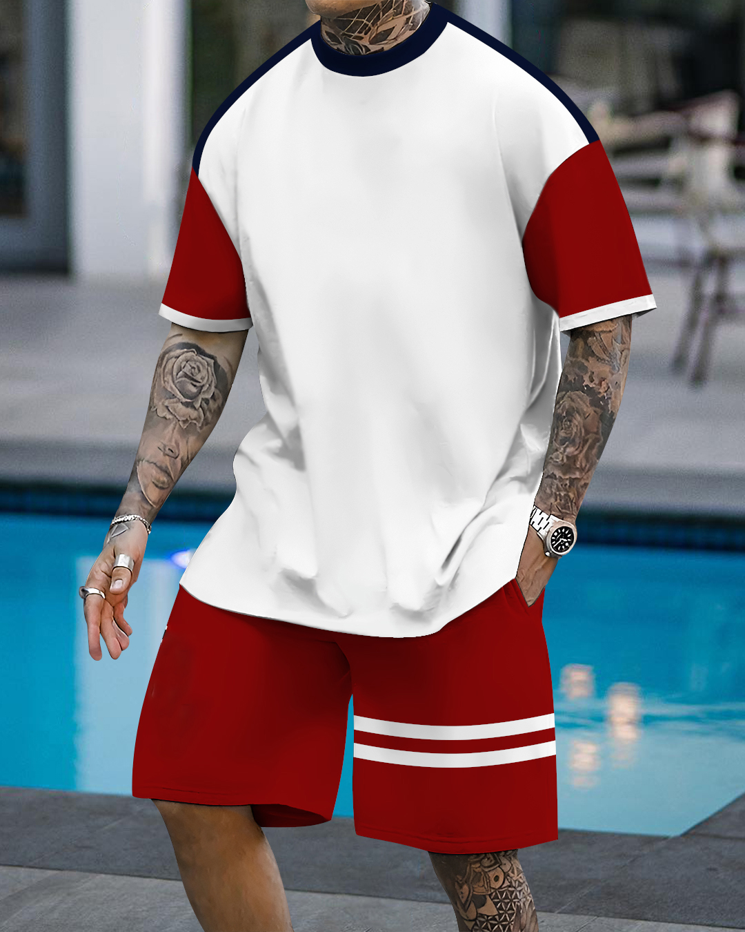 Men's fashion casual color matching printed short-sleeved two-piece set