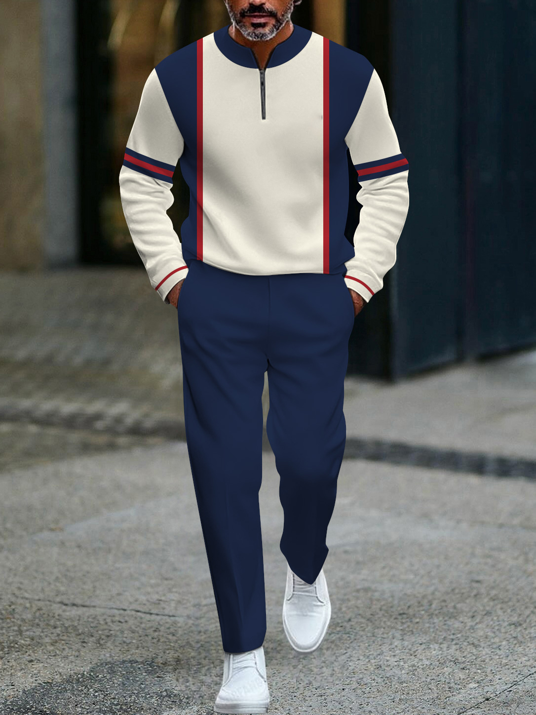 Men's fashion casual geometric print long sleeve zipper two-piece set