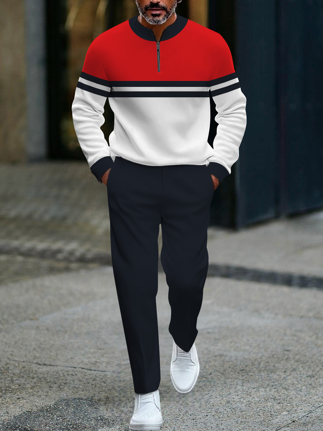 Men's fashion casual geometric print long sleeve zipper two-piece set