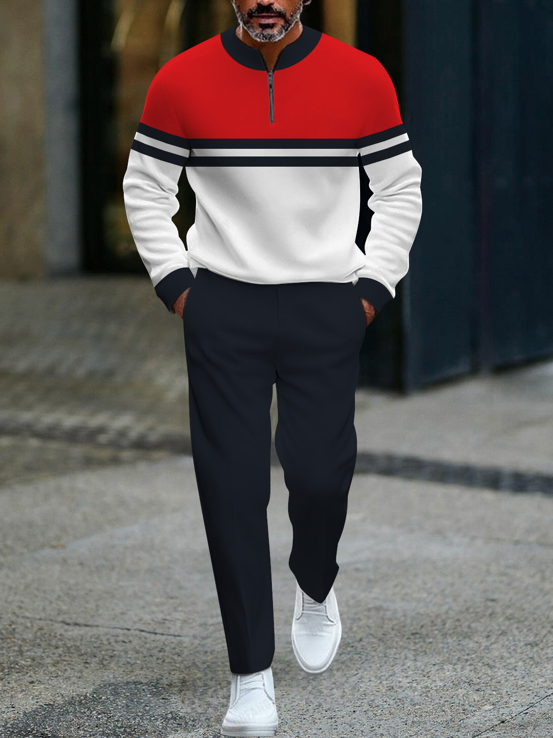 Men's fashion casual geometric print long sleeve zipper two-piece set