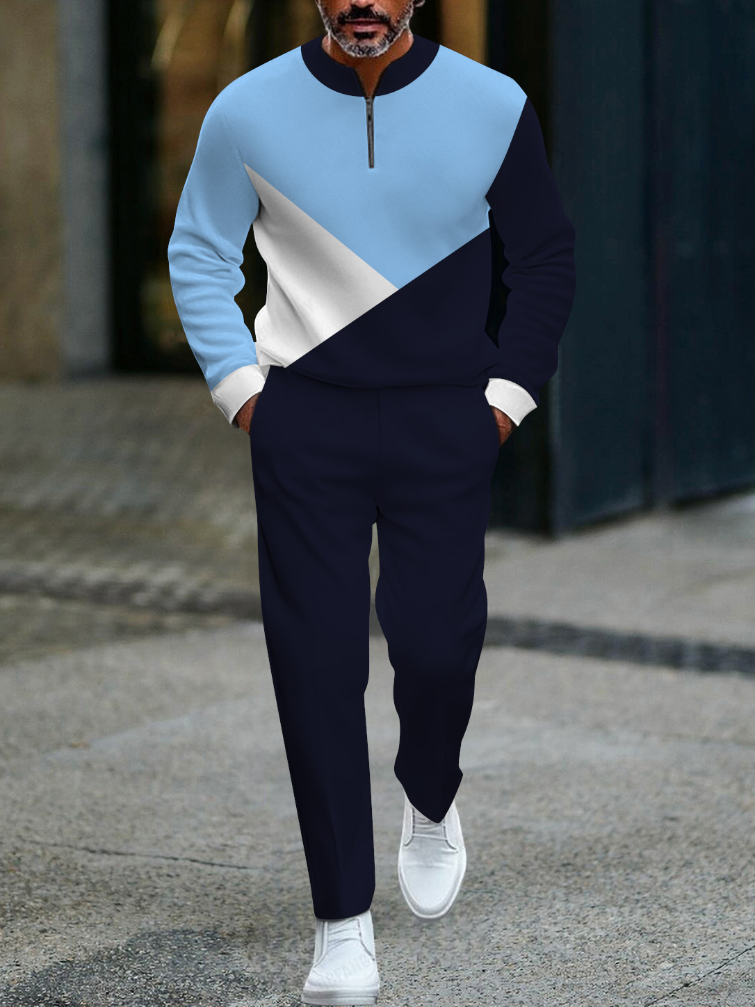 Men's fashion casual geometric print long sleeve zipper two-piece set