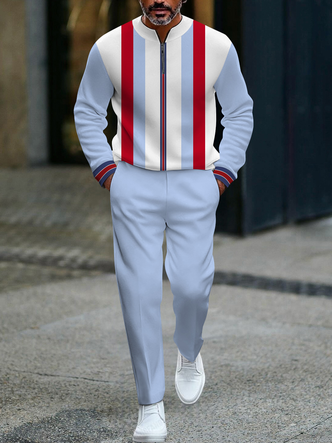 Men's fashion casual geometric print long sleeve zipper two-piece set