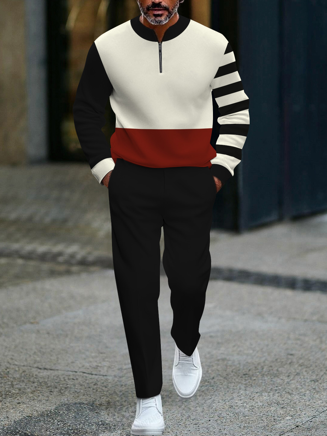 Men's fashion casual geometric print long sleeve zipper two-piece set