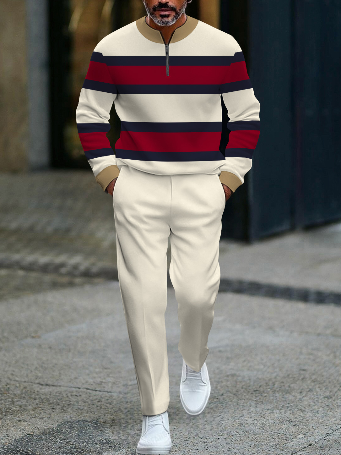 Men's fashion casual geometric print long sleeve zipper two-piece set