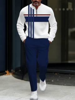 Men's fashionable casual round-neck zipper long-sleeve two-piece set