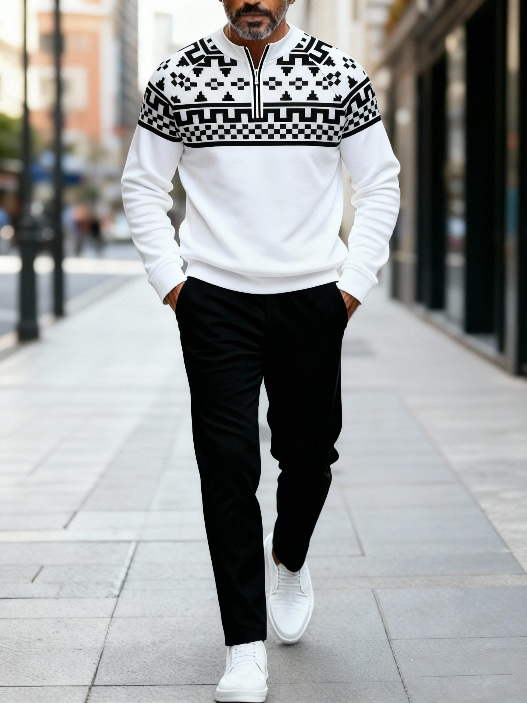 Men's fashion casual geometric print long sleeve zipper two-piece set
