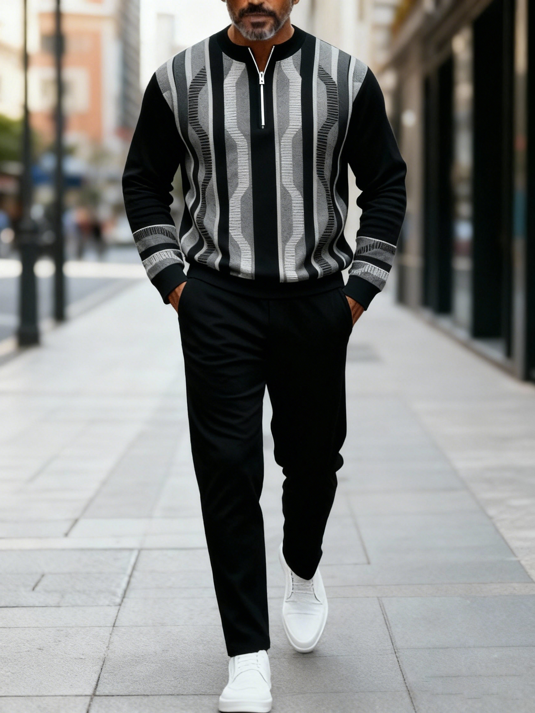 Men's fashion casual geometric print long sleeve zipper two-piece set