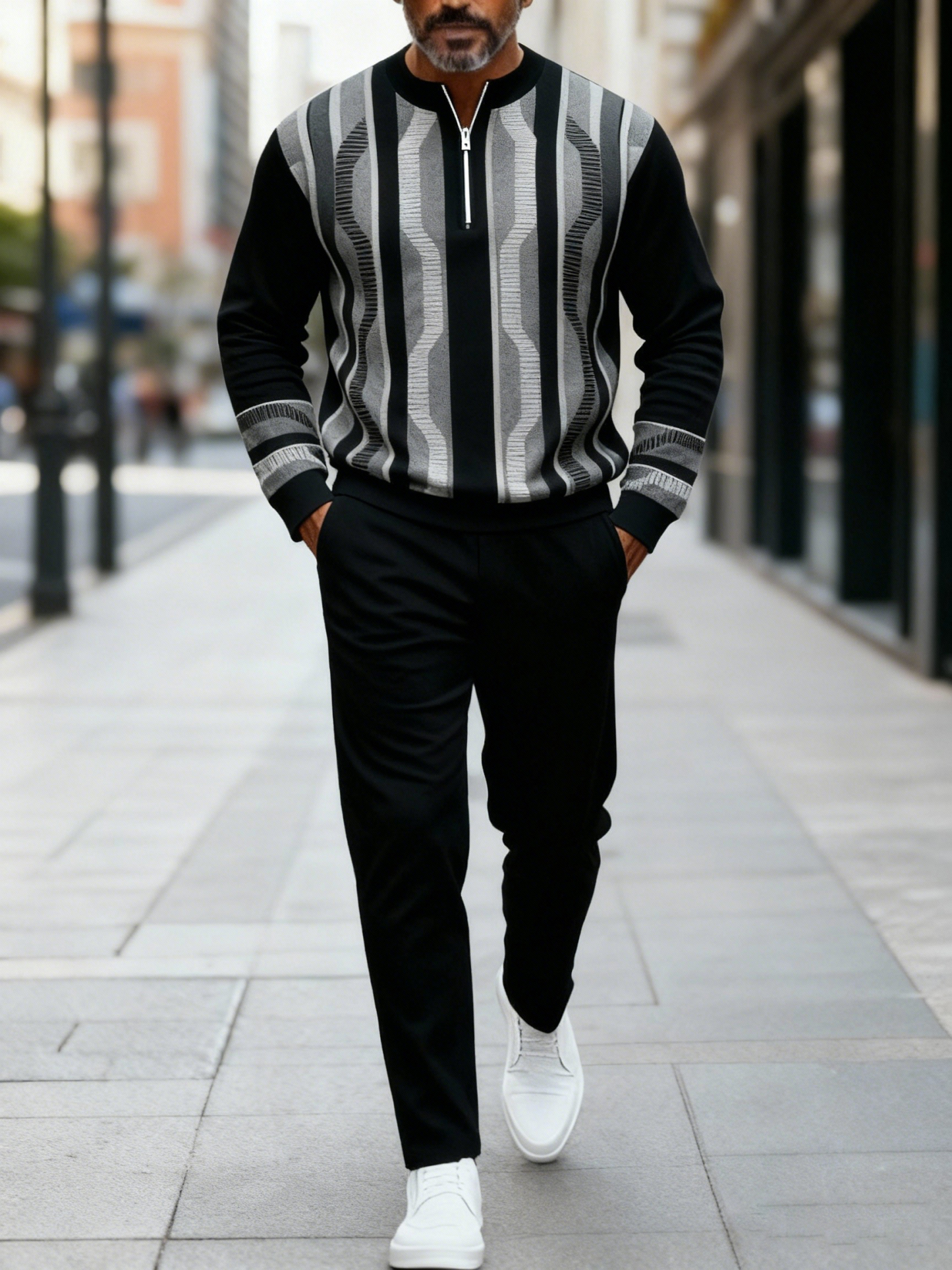 Men's fashion casual geometric print long sleeve zipper two-piece set